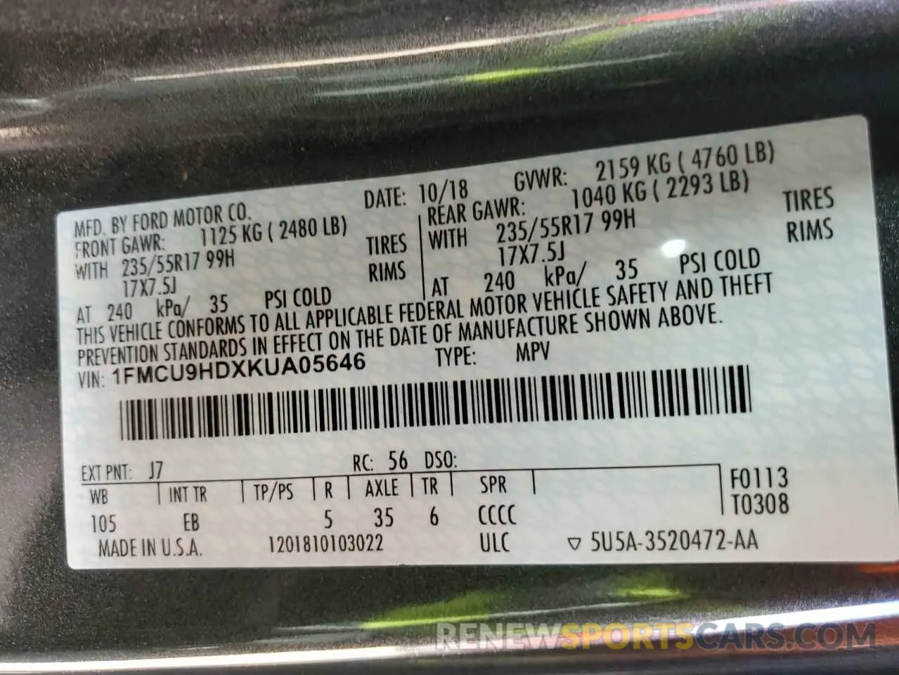 12 Photograph of a damaged car 1FMCU9HDXKUA05646 FORD ESCAPE 2019