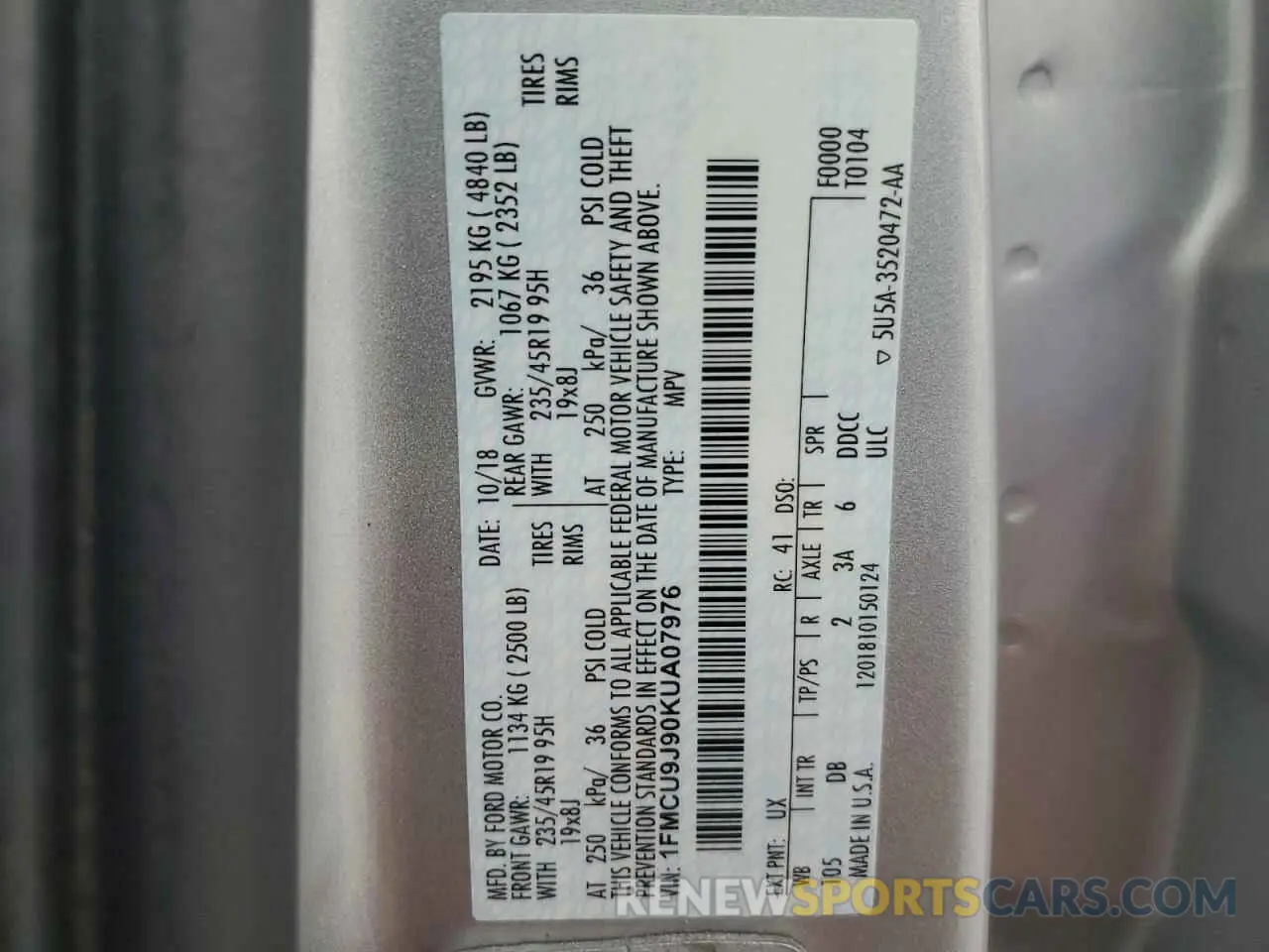 13 Photograph of a damaged car 1FMCU9J90KUA07976 FORD ESCAPE 2019