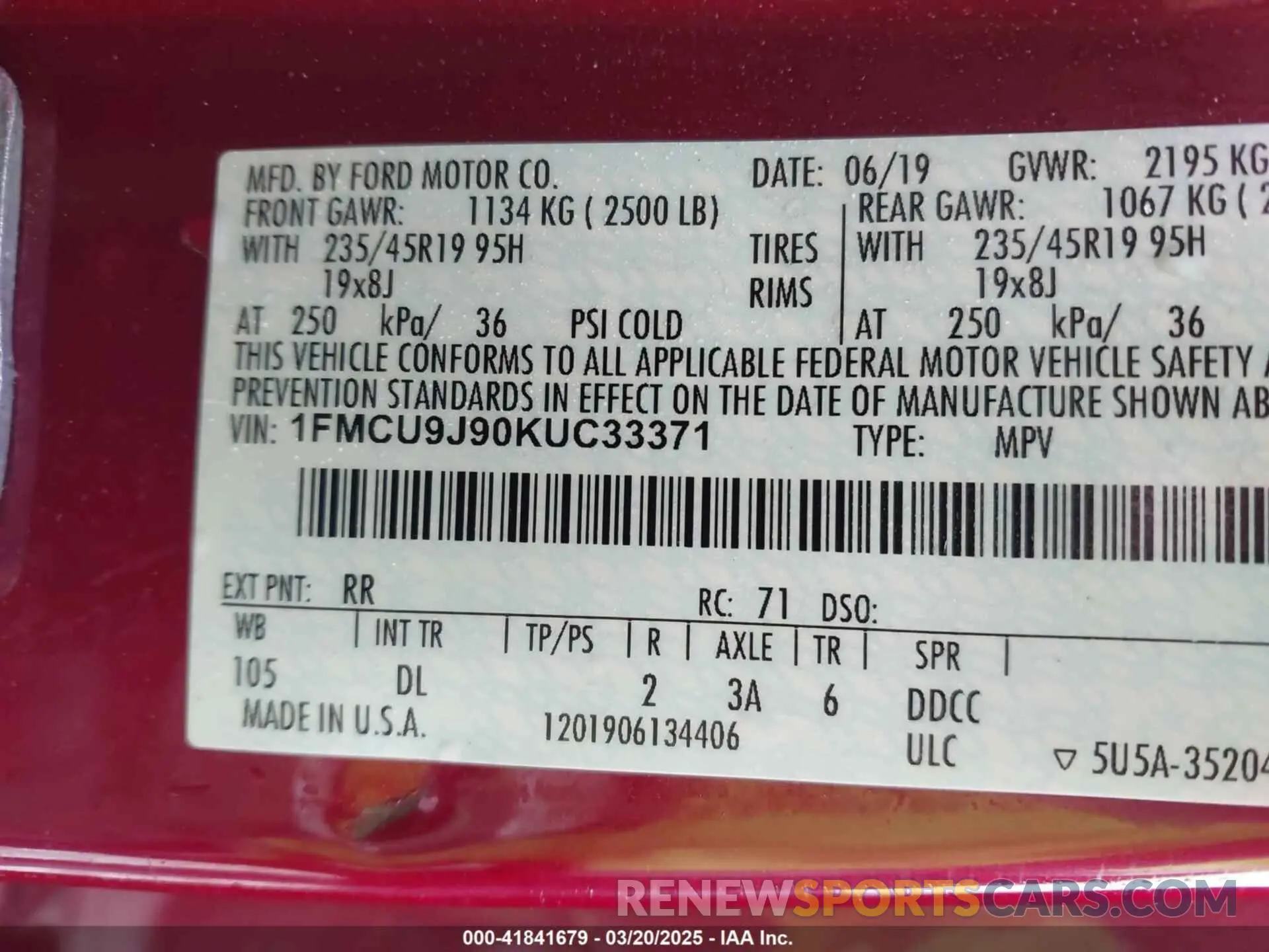 9 Photograph of a damaged car 1FMCU9J90KUC33371 FORD ESCAPE 2019