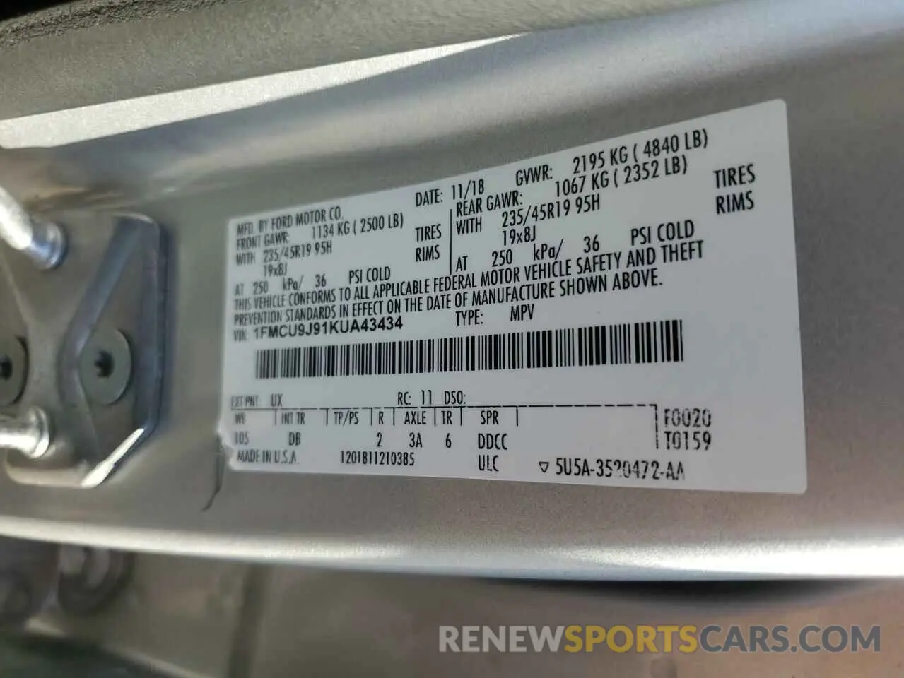 15 Photograph of a damaged car 1FMCU9J91KUA43434 FORD ESCAPE 2019