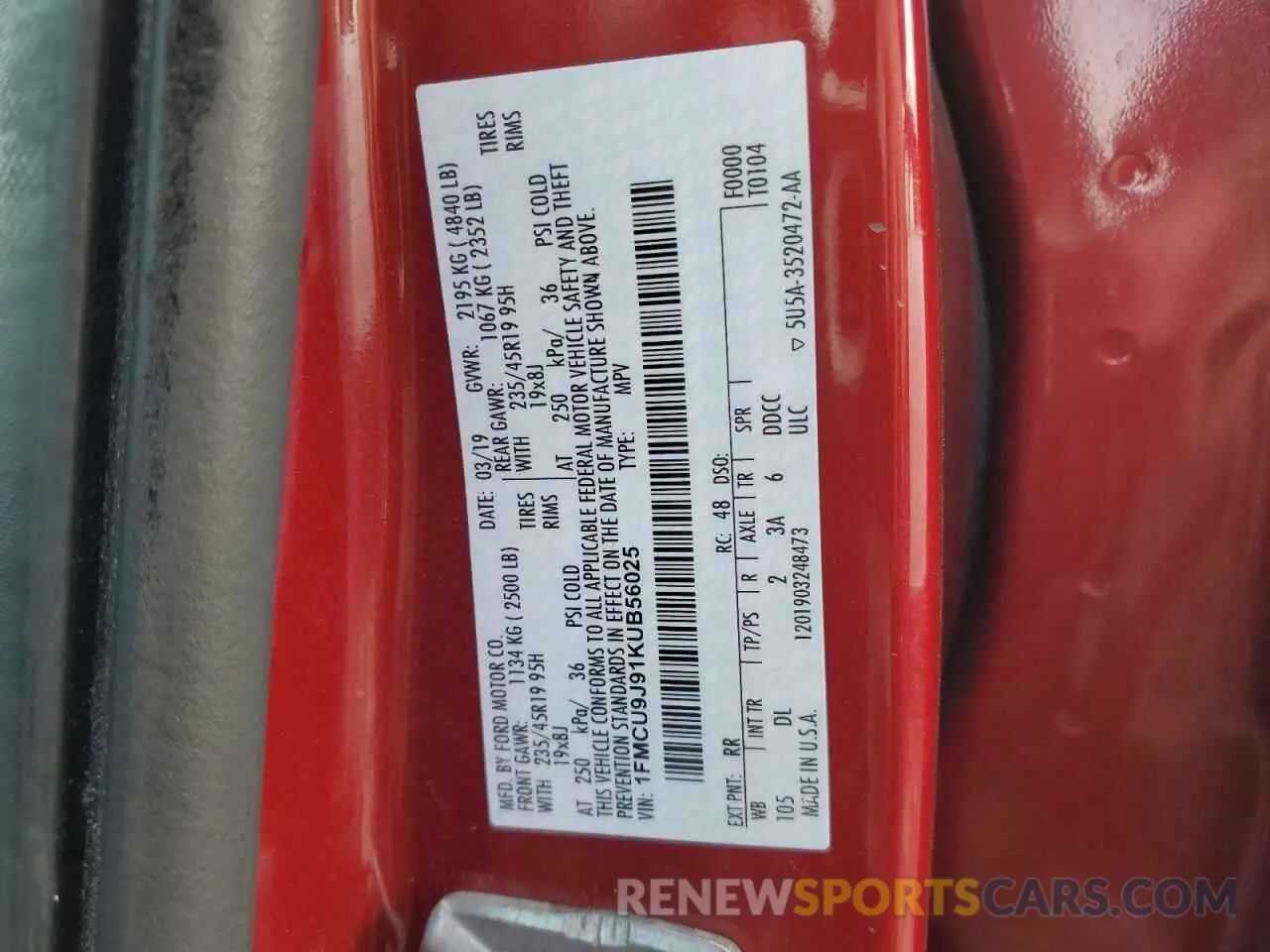 13 Photograph of a damaged car 1FMCU9J91KUB56025 FORD ESCAPE 2019