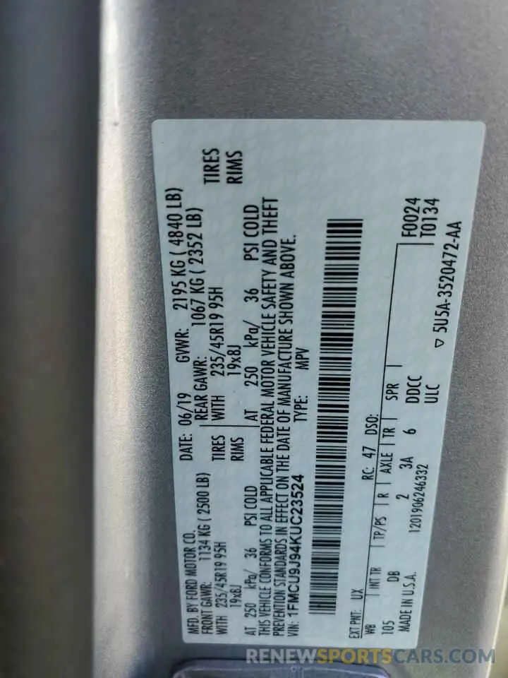 13 Photograph of a damaged car 1FMCU9J94KUC23524 FORD ESCAPE 2019