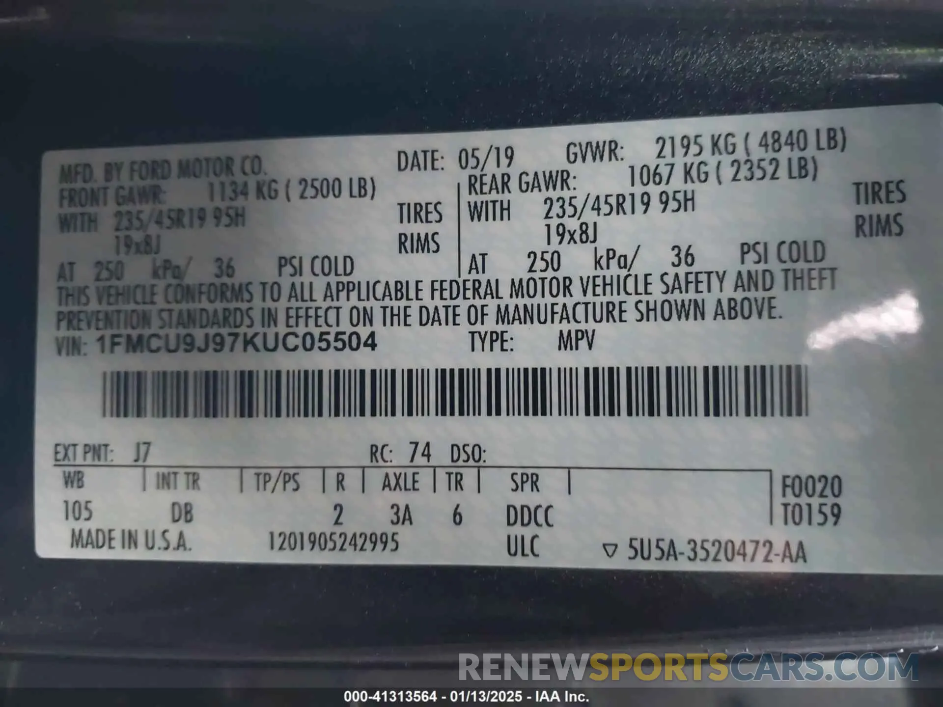 9 Photograph of a damaged car 1FMCU9J97KUC05504 FORD ESCAPE 2019