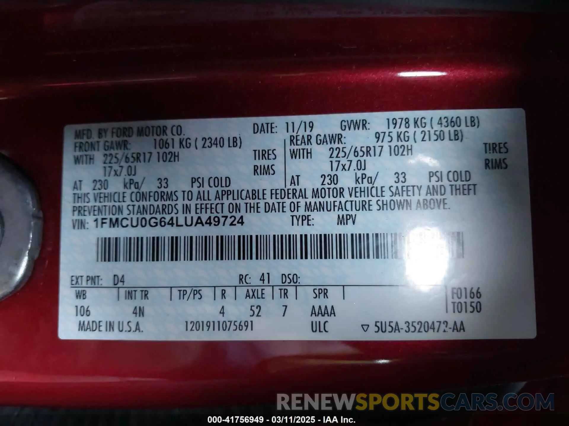 9 Photograph of a damaged car 1FMCU0G64LUA49724 FORD ESCAPE 2020