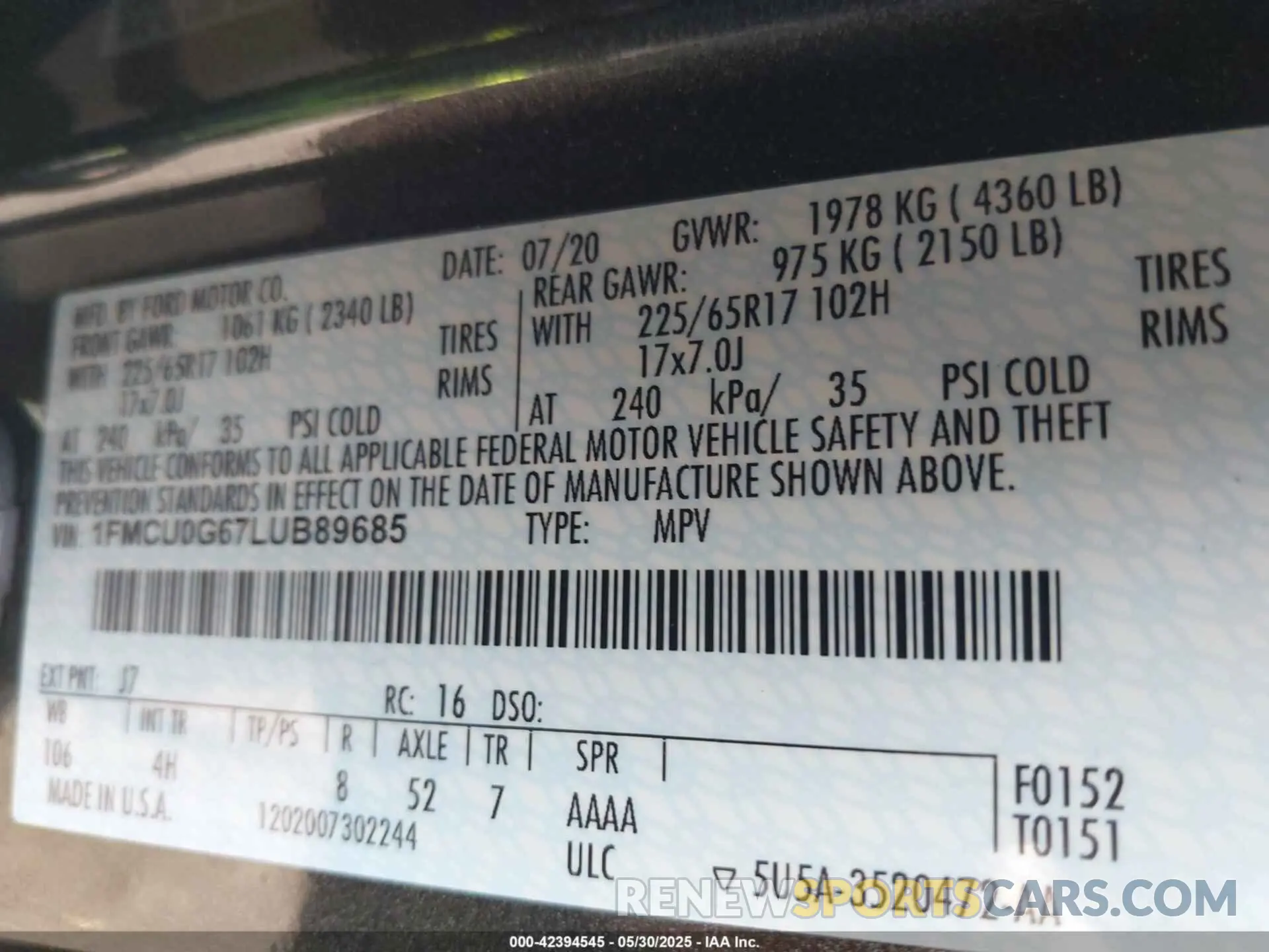 9 Photograph of a damaged car 1FMCU0G67LUB89685 FORD ESCAPE 2020