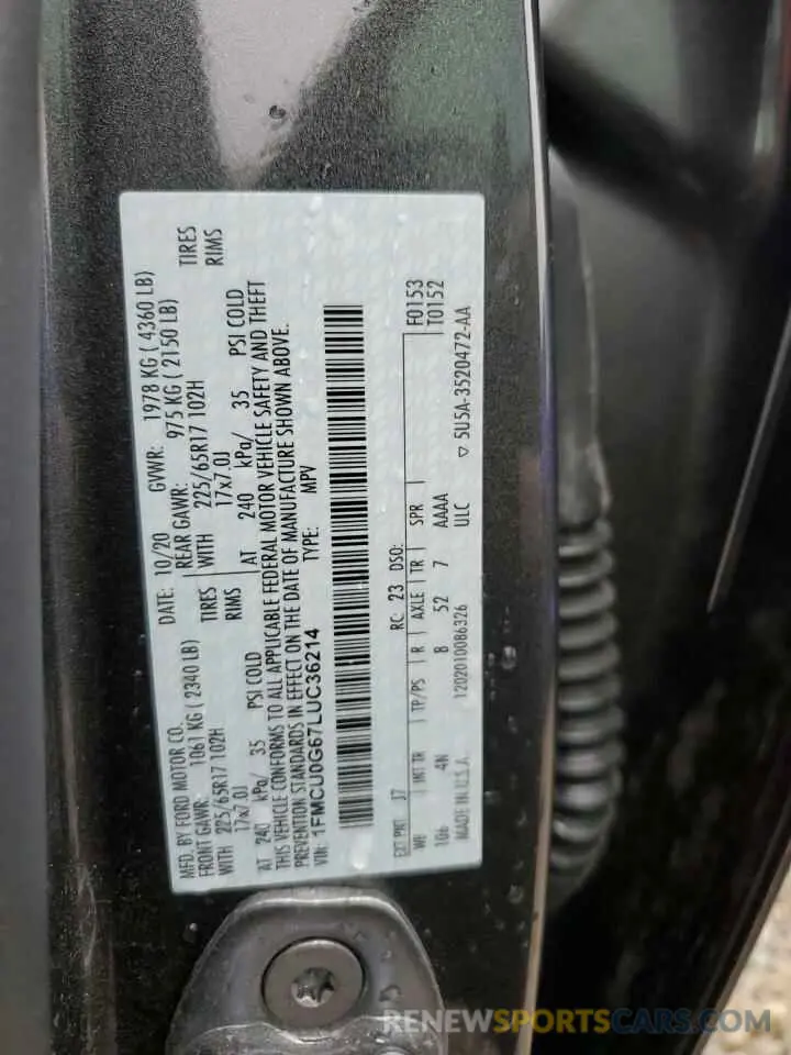 15 Photograph of a damaged car 1FMCU0G67LUC36214 FORD ESCAPE 2020