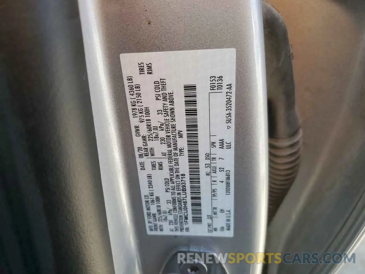 14 Photograph of a damaged car 1FMCU0H67LUB93718 FORD ESCAPE 2020