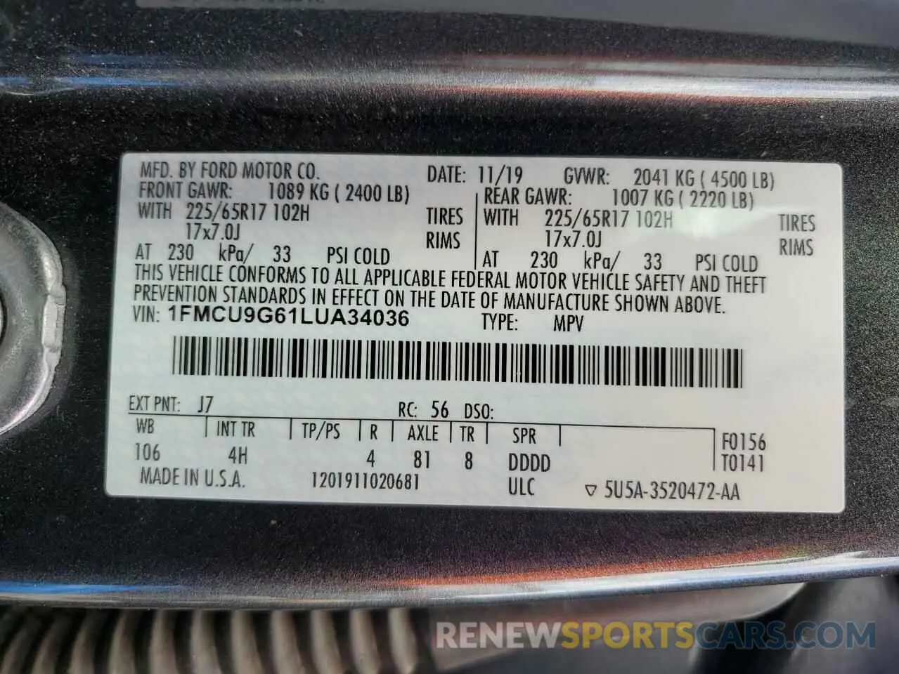 12 Photograph of a damaged car 1FMCU9G61LUA34036 FORD ESCAPE 2020