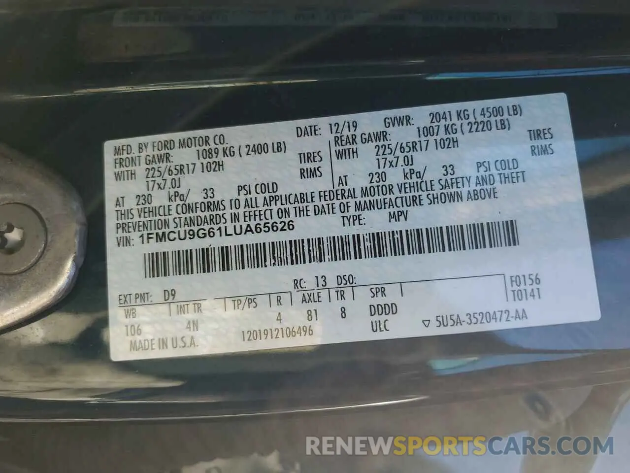 13 Photograph of a damaged car 1FMCU9G61LUA65626 FORD ESCAPE 2020