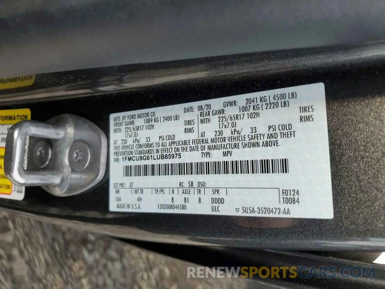 12 Photograph of a damaged car 1FMCU9G61LUB85975 FORD ESCAPE 2020