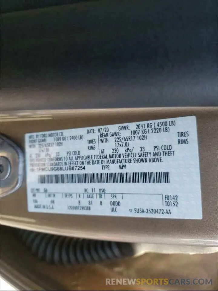 10 Photograph of a damaged car 1FMCU9G68LUB87254 FORD ESCAPE 2020