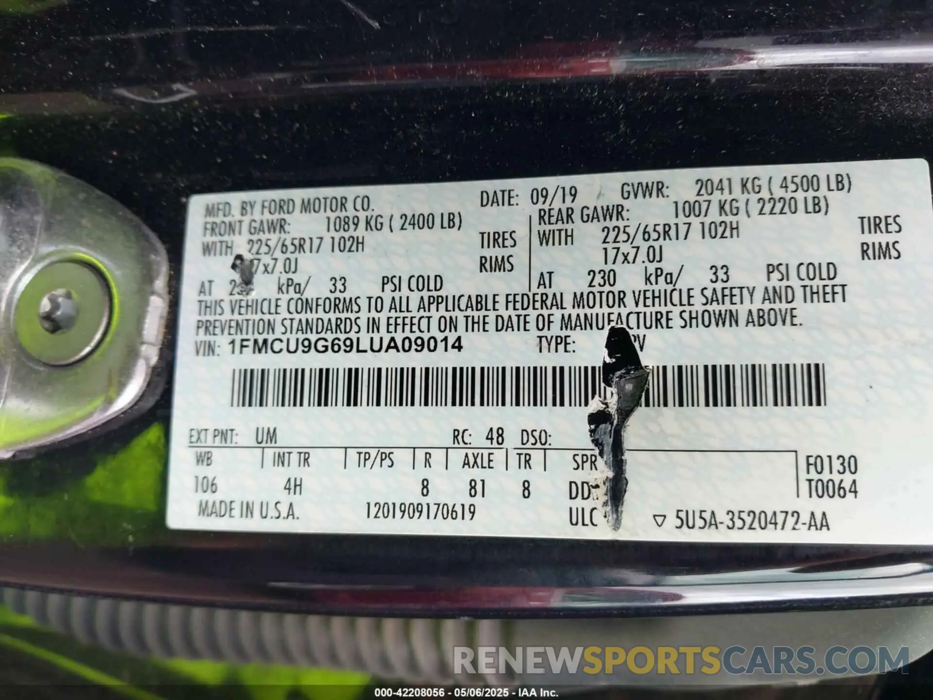 9 Photograph of a damaged car 1FMCU9G69LUA09014 FORD ESCAPE 2020