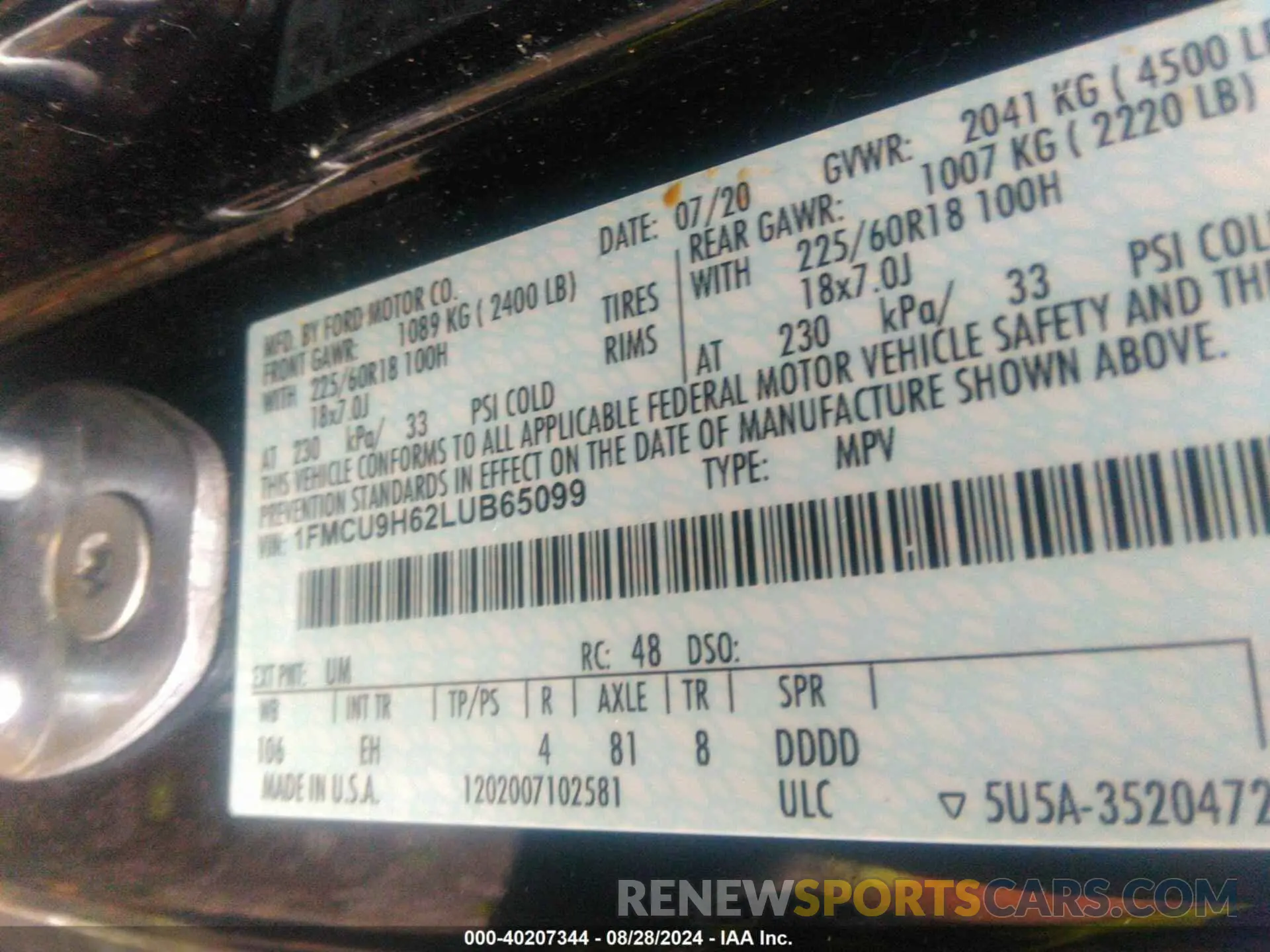 9 Photograph of a damaged car 1FMCU9H62LUB65099 FORD ESCAPE 2020