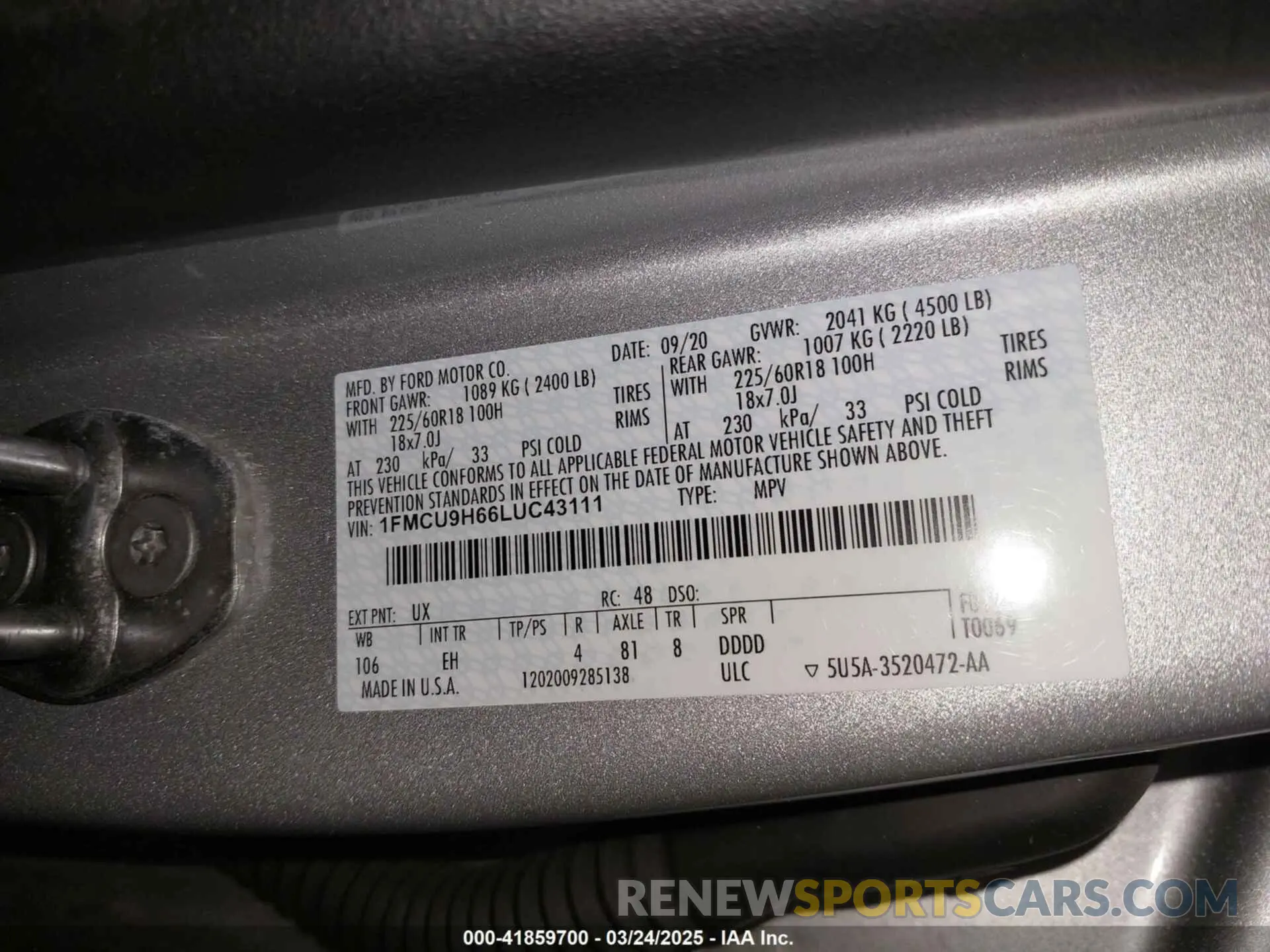 9 Photograph of a damaged car 1FMCU9H66LUC43111 FORD ESCAPE 2020