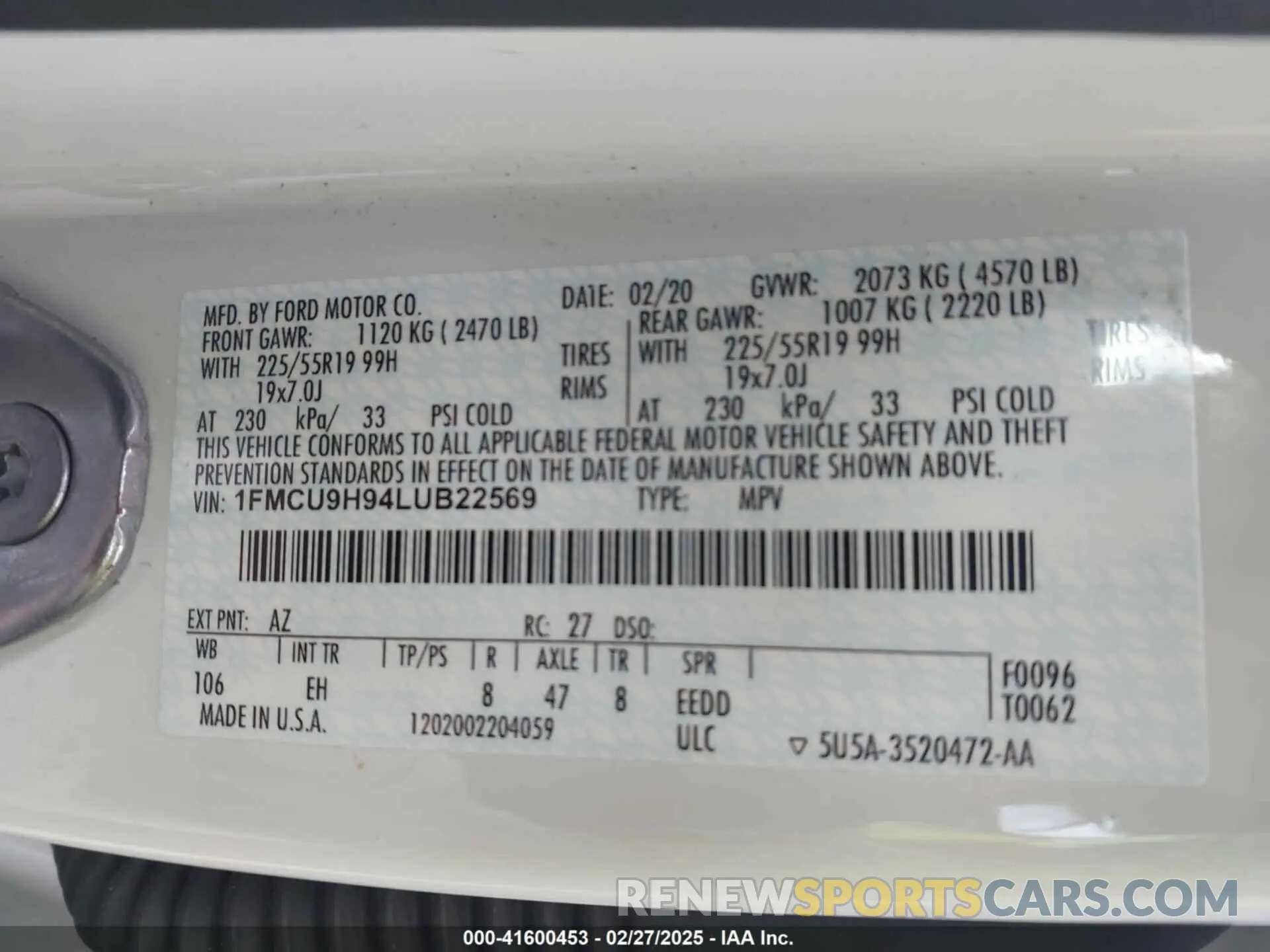9 Photograph of a damaged car 1FMCU9H94LUB22569 FORD ESCAPE 2020