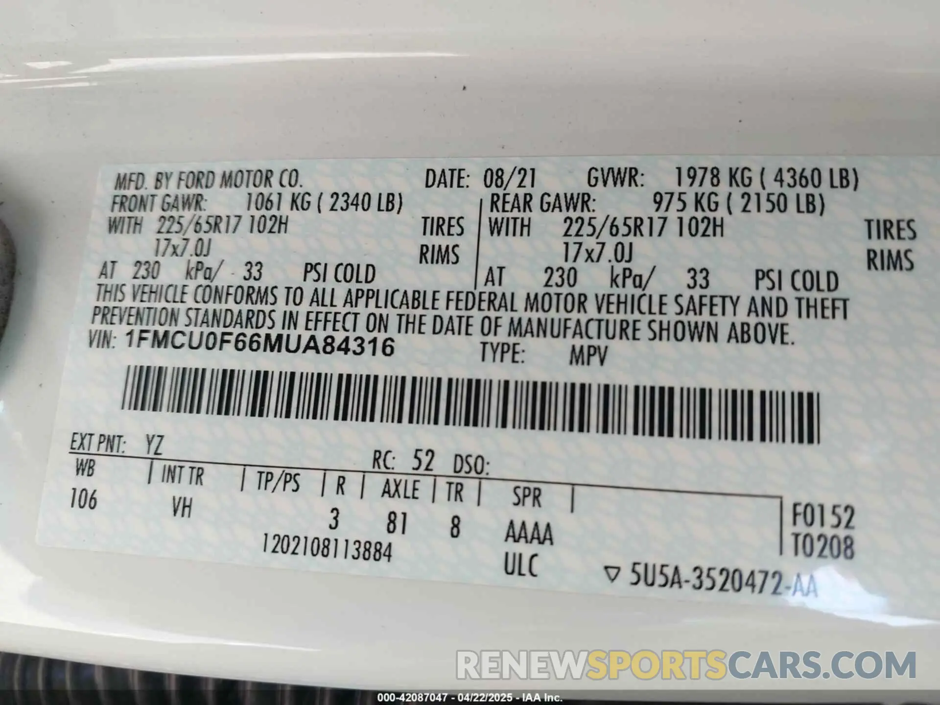 9 Photograph of a damaged car 1FMCU0F66MUA84316 FORD ESCAPE 2021