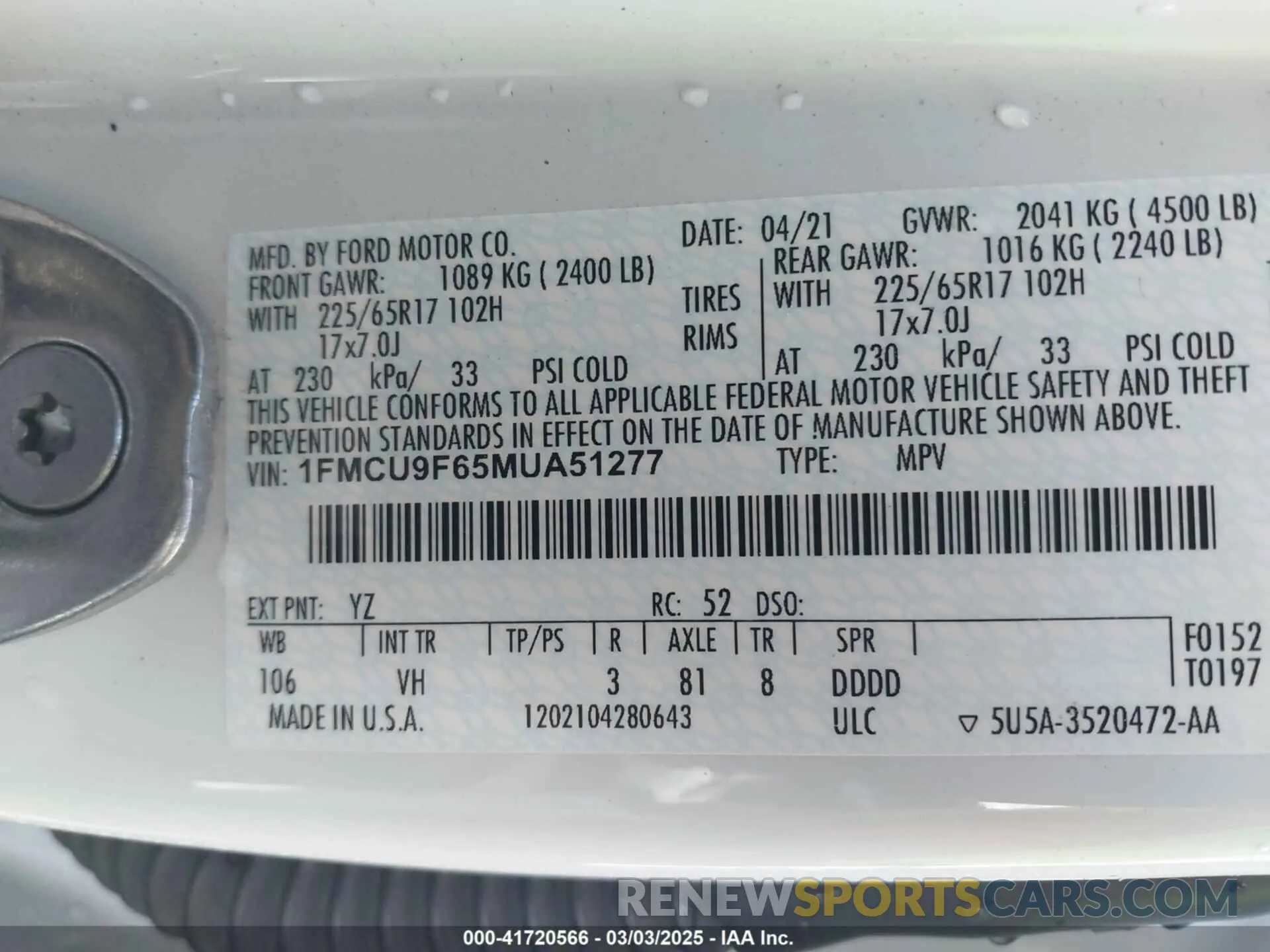 9 Photograph of a damaged car 1FMCU9F65MUA51277 FORD ESCAPE 2021