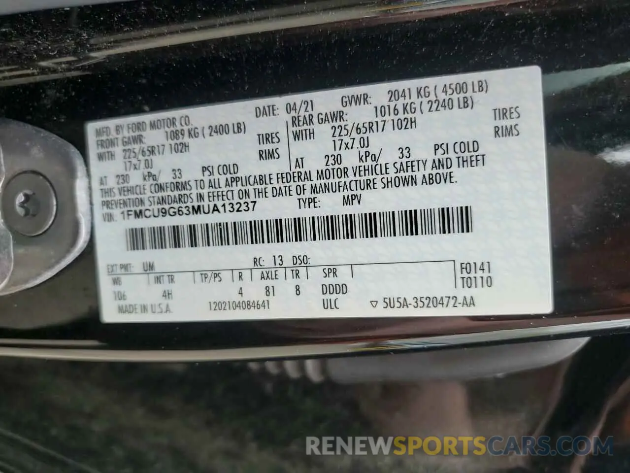 13 Photograph of a damaged car 1FMCU9G63MUA13237 FORD ESCAPE 2021