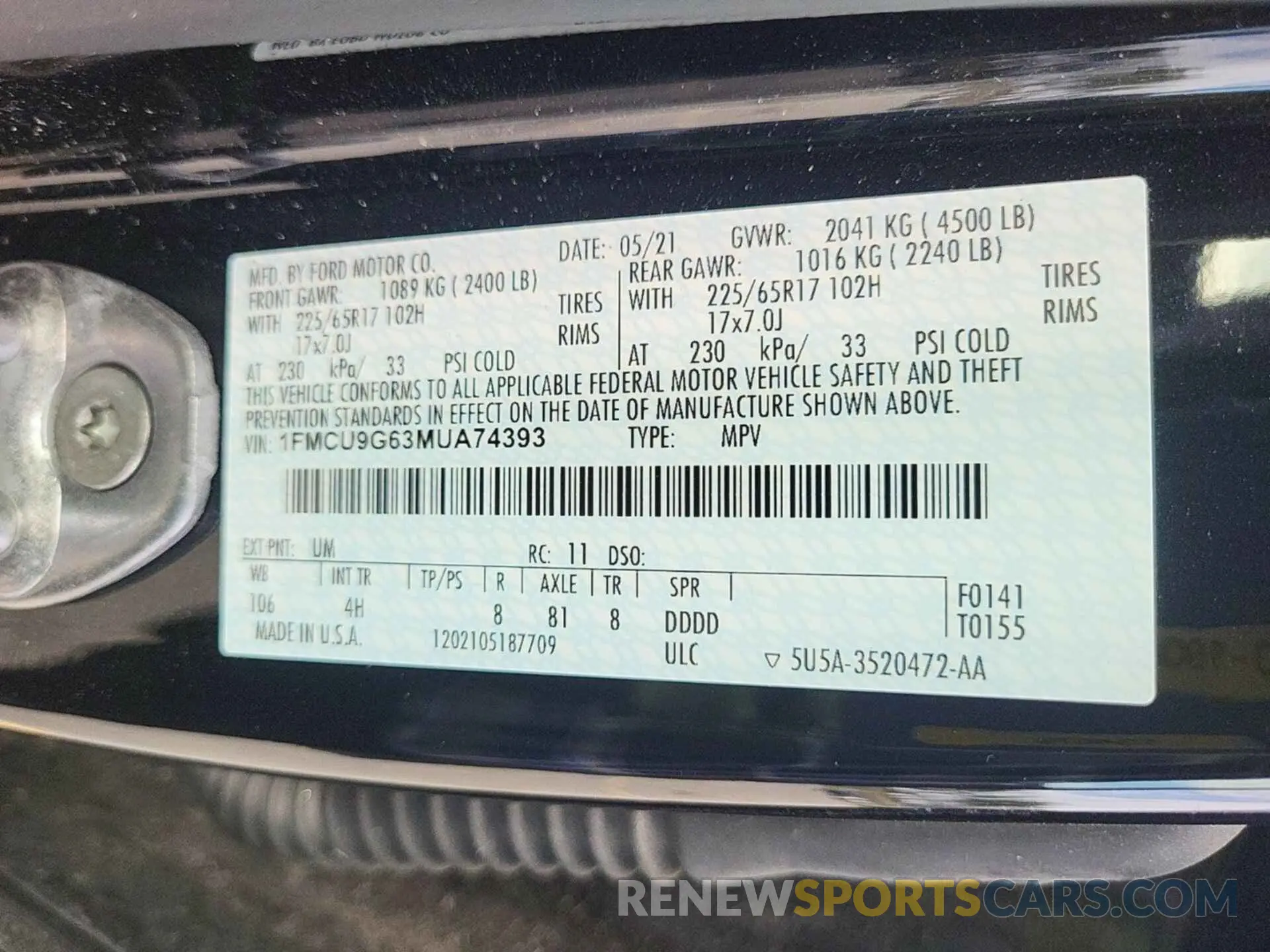1 Photograph of a damaged car 1FMCU9G63MUA74393 FORD ESCAPE 2021