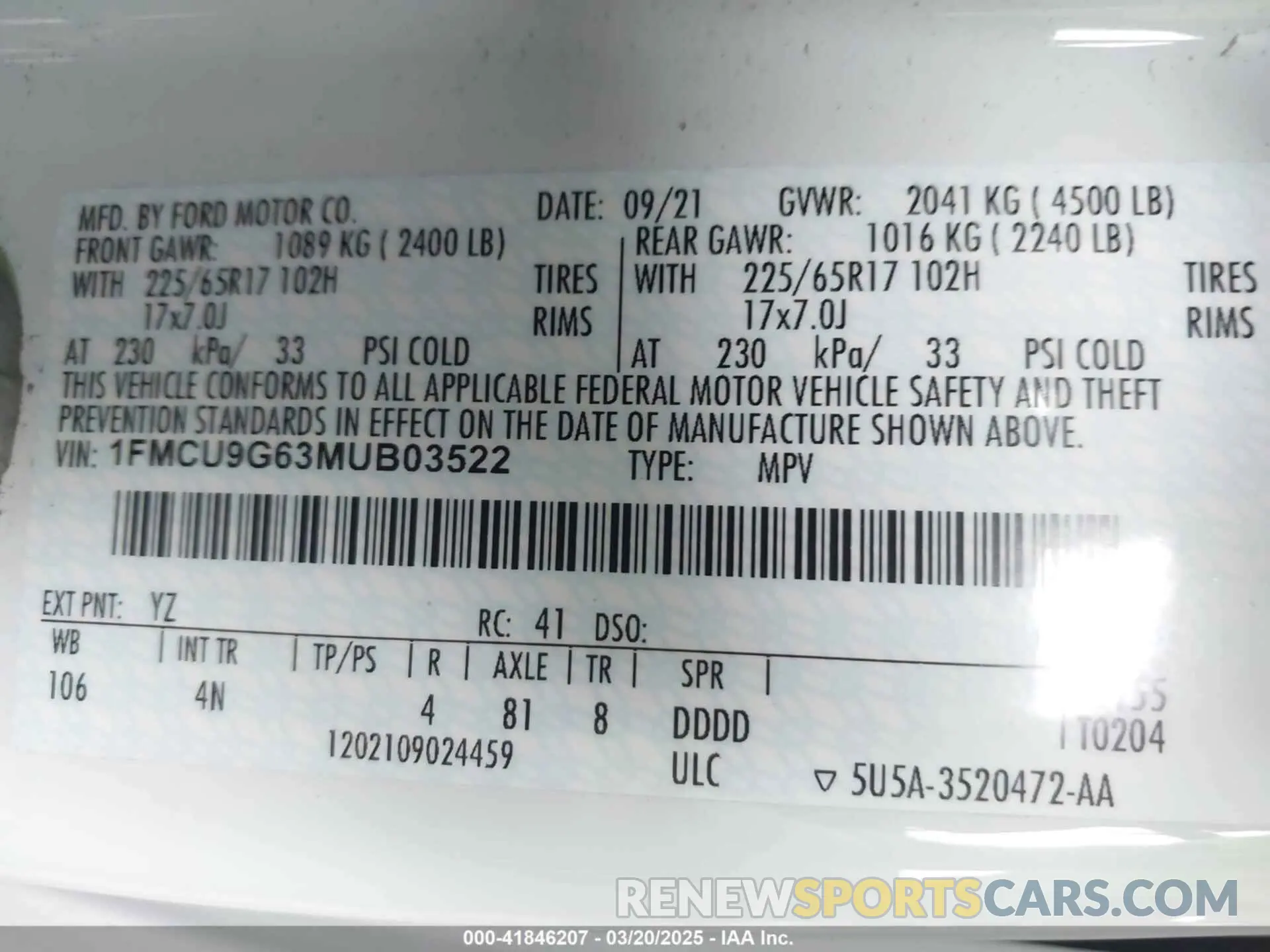 9 Photograph of a damaged car 1FMCU9G63MUB03522 FORD ESCAPE 2021