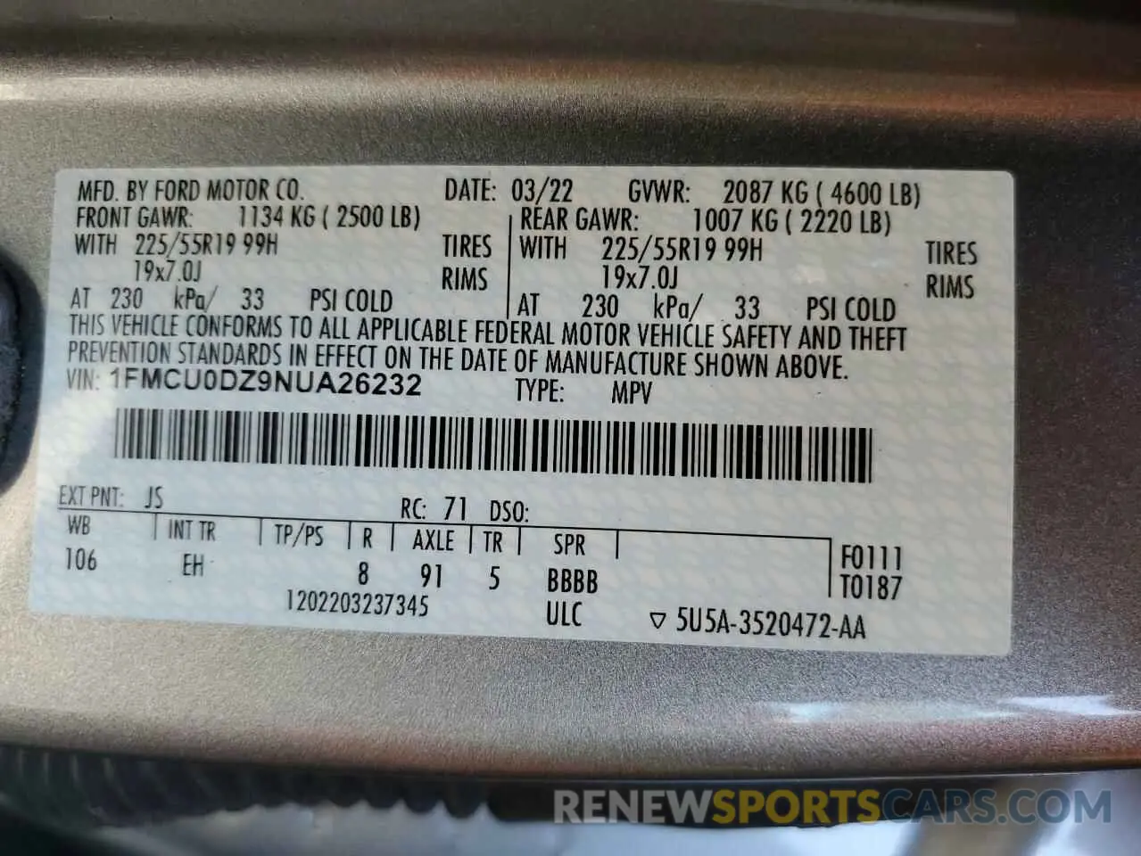 14 Photograph of a damaged car 1FMCU0DZ9NUA26232 FORD ESCAPE 2022
