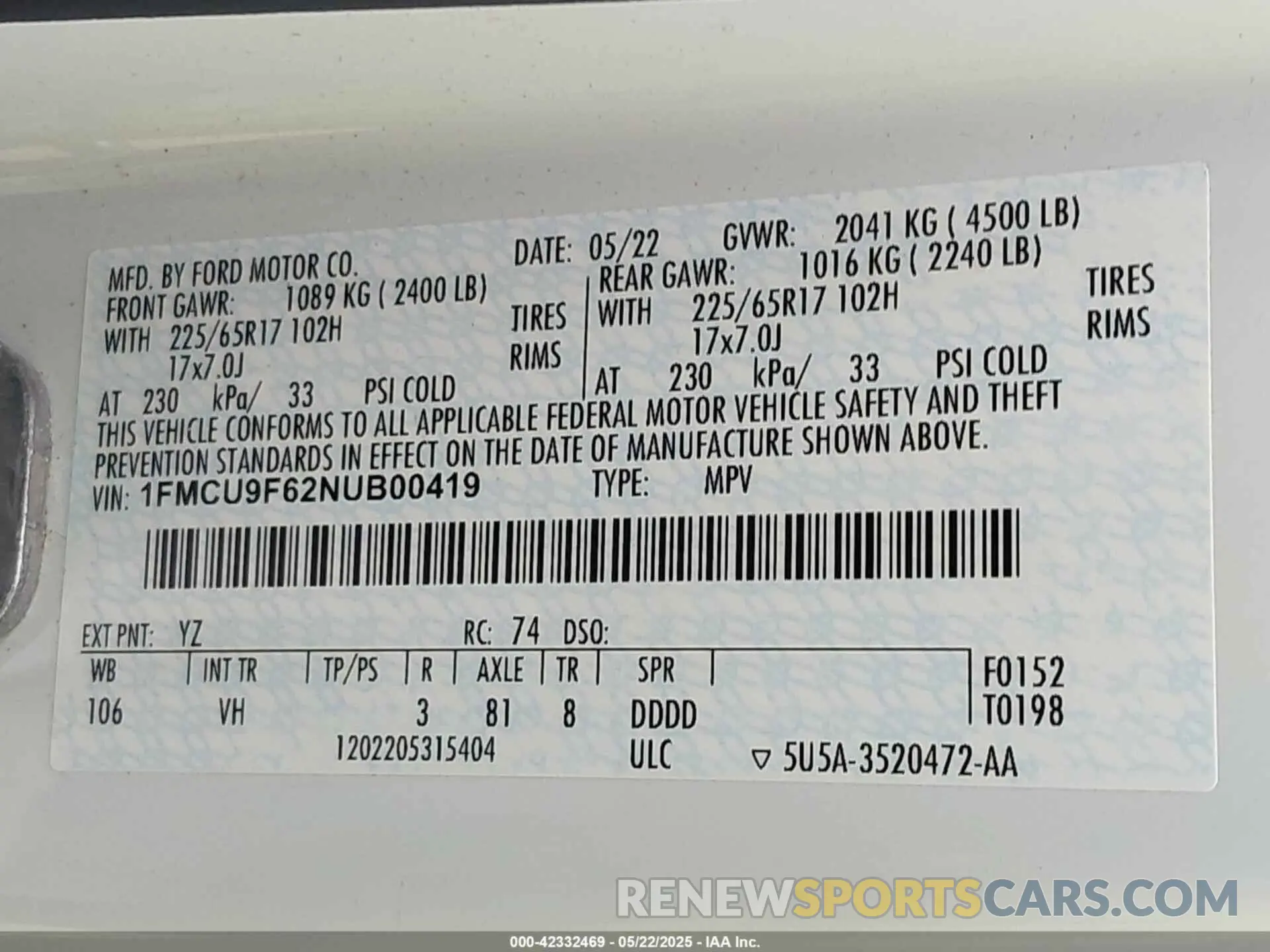 9 Photograph of a damaged car 1FMCU9F62NUB00419 FORD ESCAPE 2022