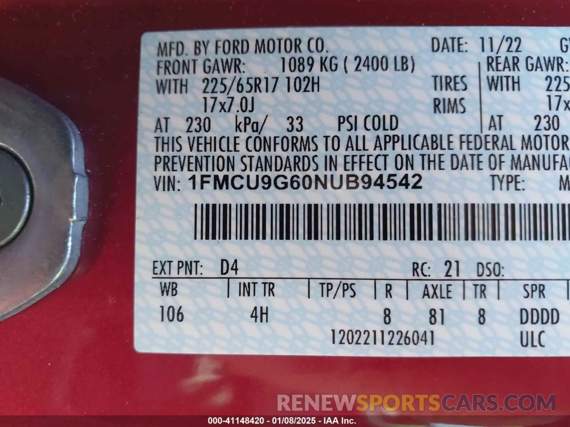 9 Photograph of a damaged car 1FMCU9G60NUB94542 FORD ESCAPE 2022