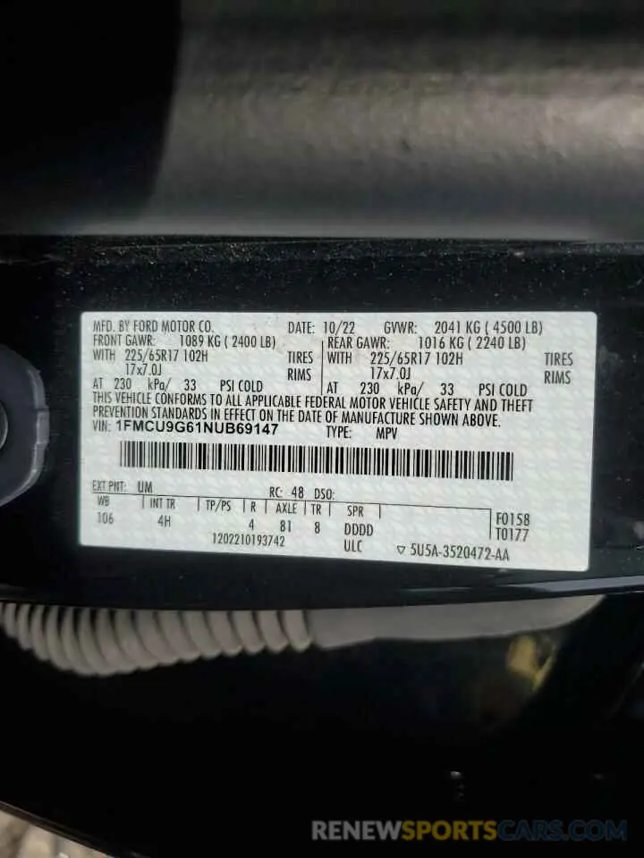 13 Photograph of a damaged car 1FMCU9G61NUB69147 FORD ESCAPE 2022