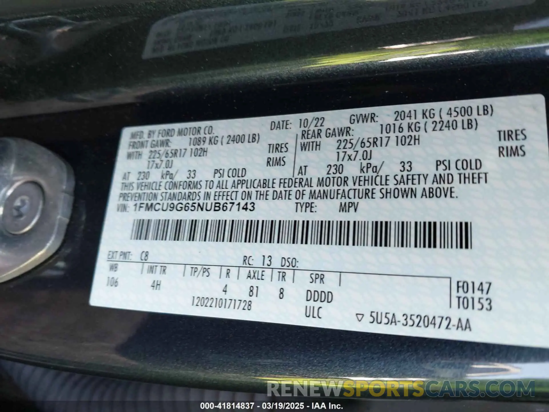 9 Photograph of a damaged car 1FMCU9G65NUB67143 FORD ESCAPE 2022