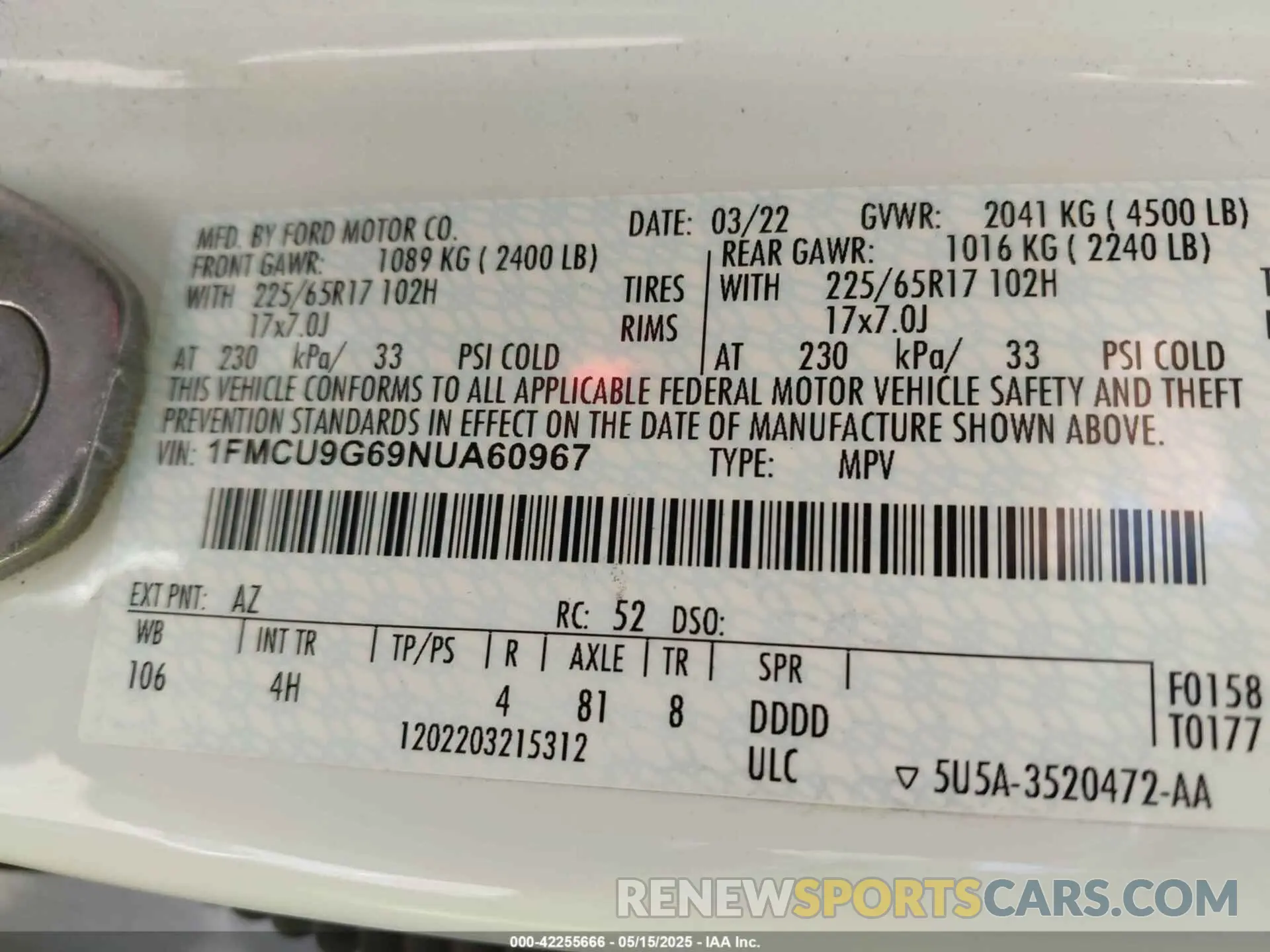 9 Photograph of a damaged car 1FMCU9G69NUA60967 FORD ESCAPE 2022