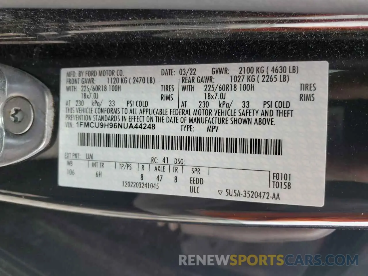 12 Photograph of a damaged car 1FMCU9H96NUA44248 FORD ESCAPE 2022