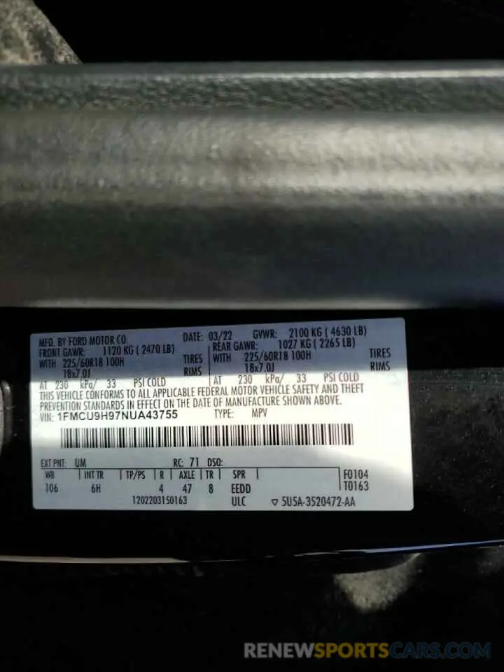 15 Photograph of a damaged car 1FMCU9H97NUA43755 FORD ESCAPE 2022