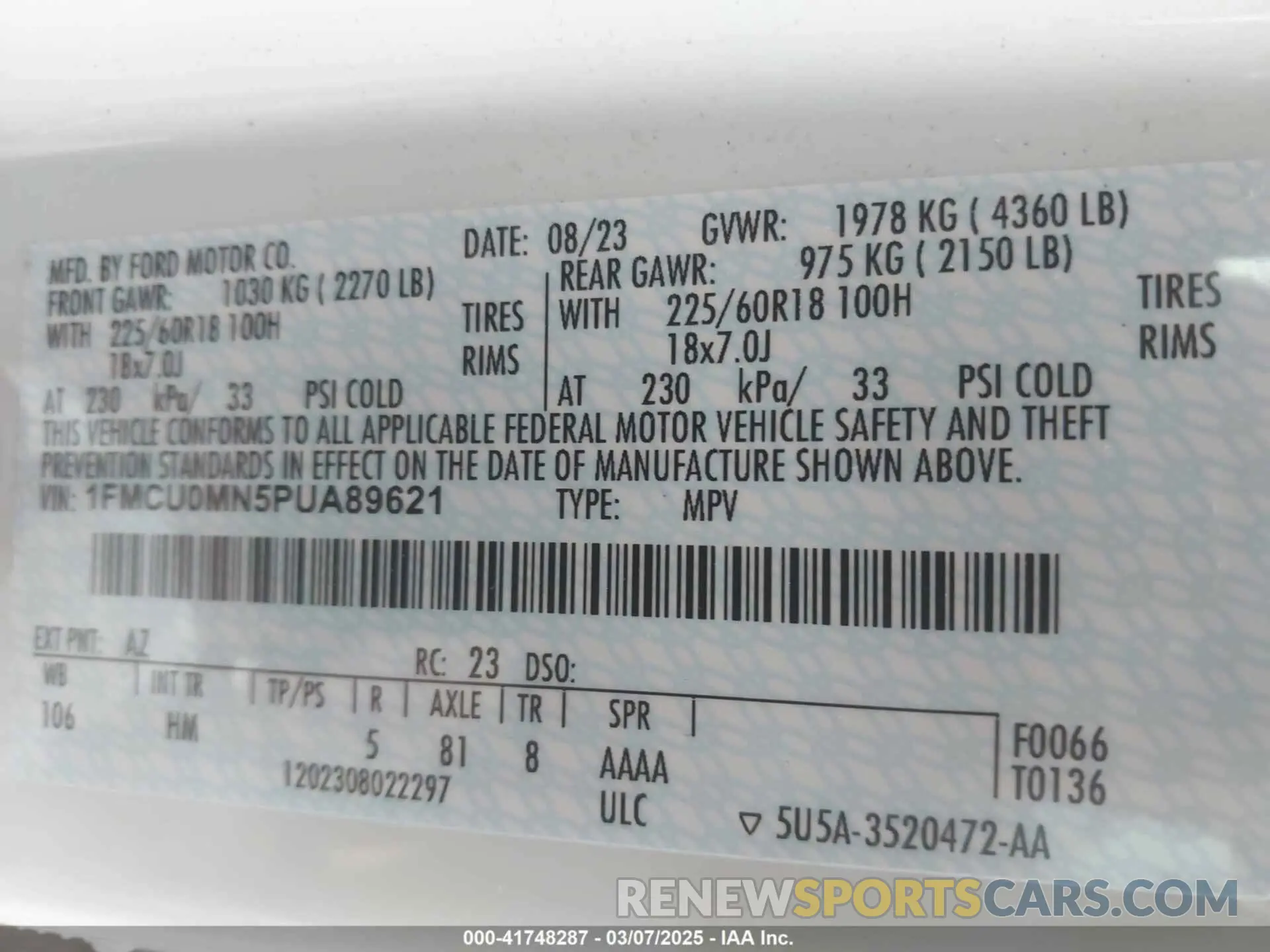 9 Photograph of a damaged car 1FMCU0MN5PUA89621 FORD ESCAPE 2023