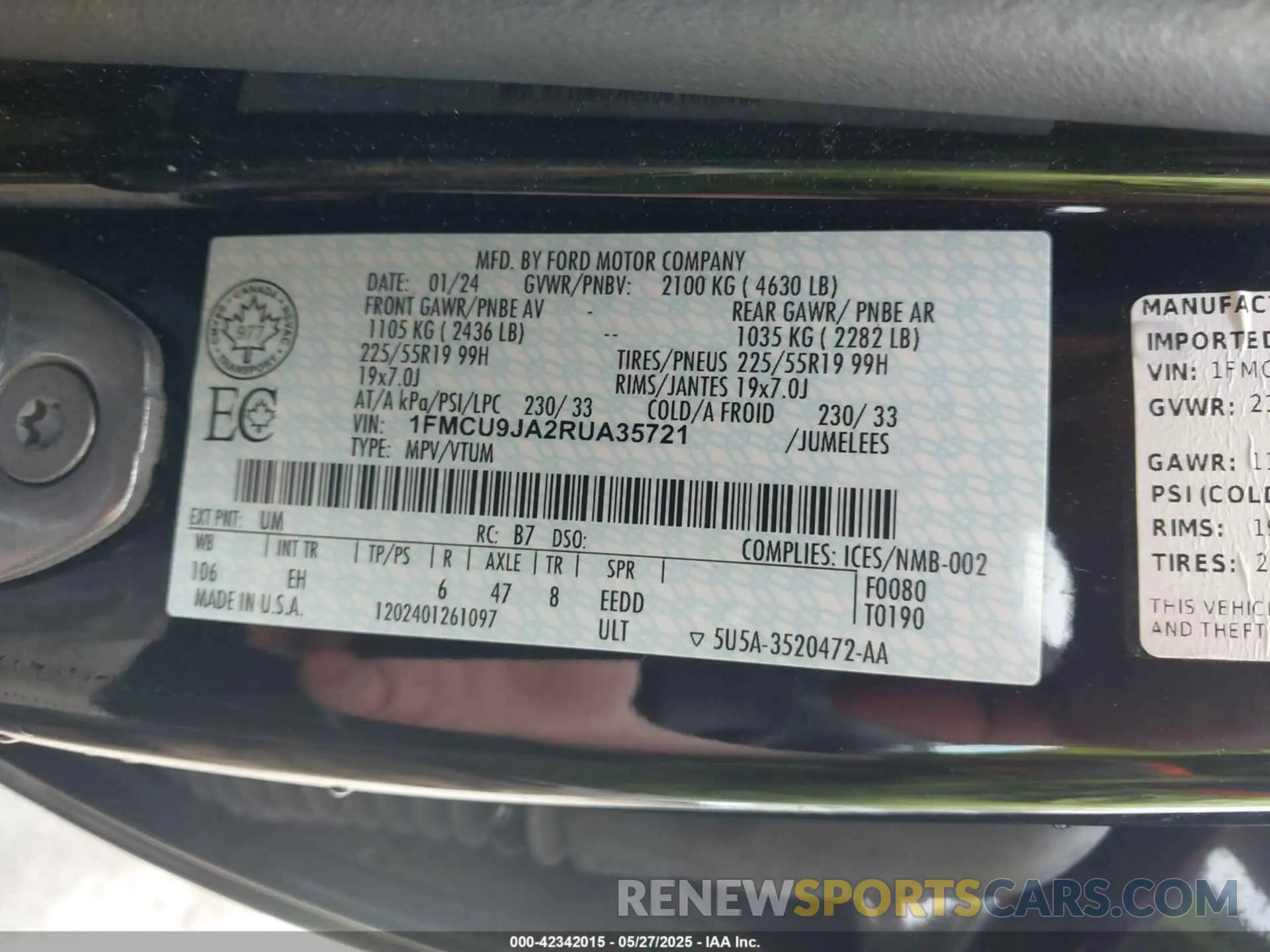 9 Photograph of a damaged car 1FMCU9JA2RUA35721 FORD ESCAPE 2024