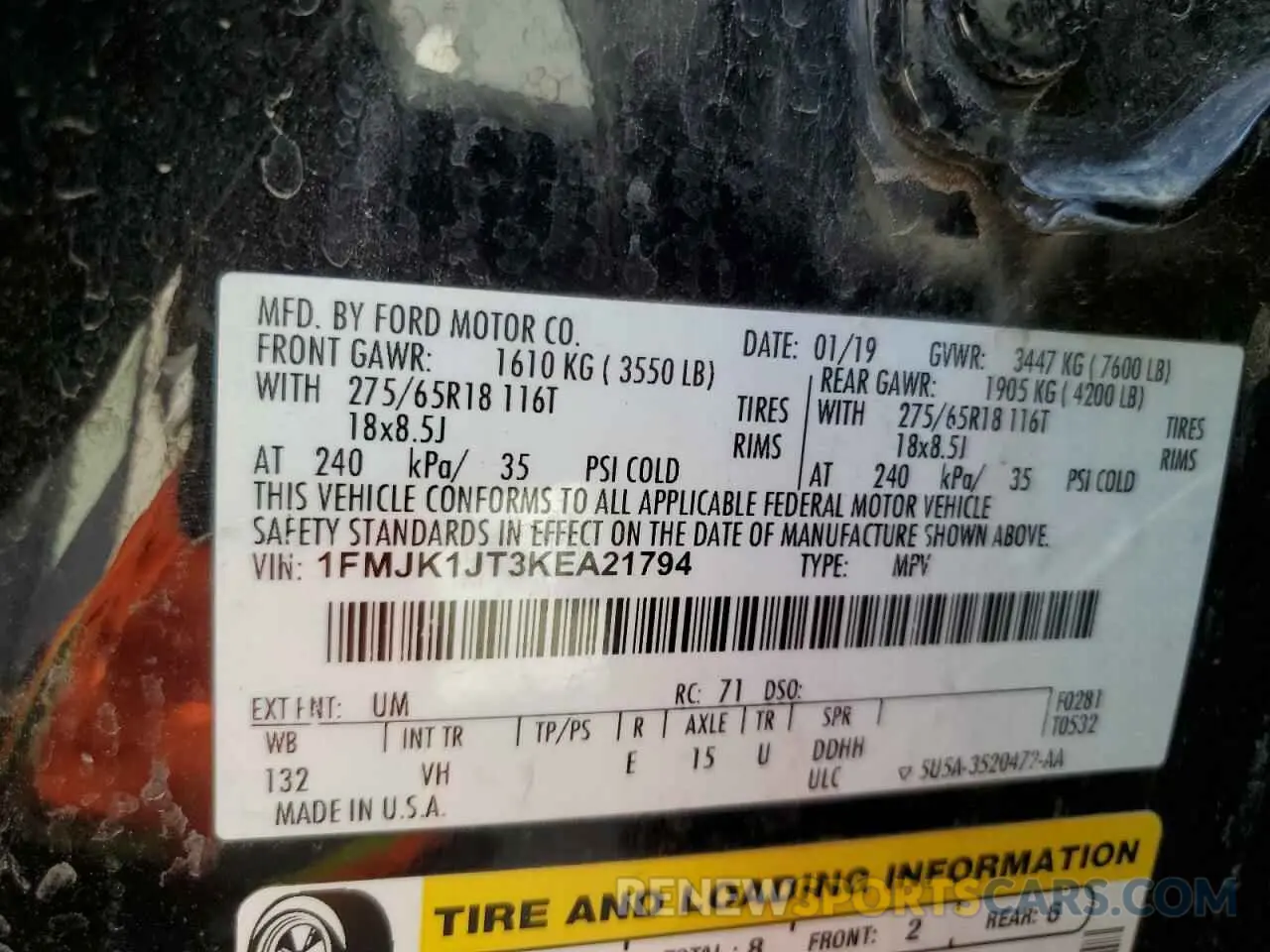 13 Photograph of a damaged car 1FMJK1JT3KEA21794 FORD EXPEDITION 2019