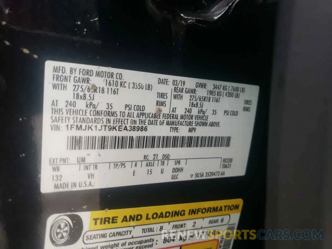 13 Photograph of a damaged car 1FMJK1JT9KEA38986 FORD EXPEDITION 2019