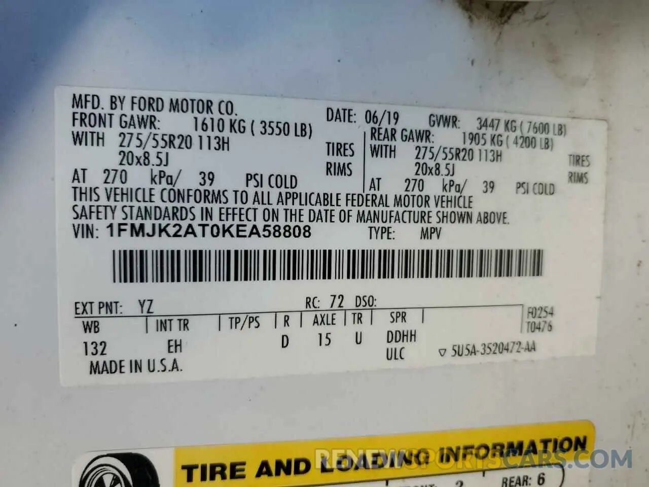 13 Photograph of a damaged car 1FMJK2AT0KEA58808 FORD EXPEDITION 2019