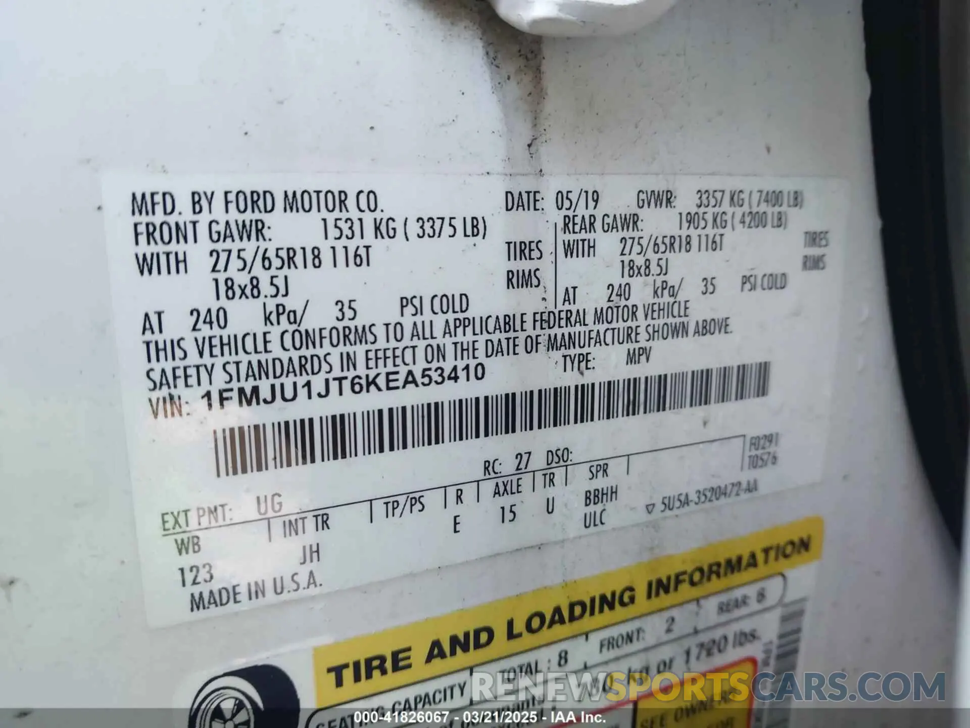 9 Photograph of a damaged car 1FMJU1JT6KEA53410 FORD EXPEDITION 2019