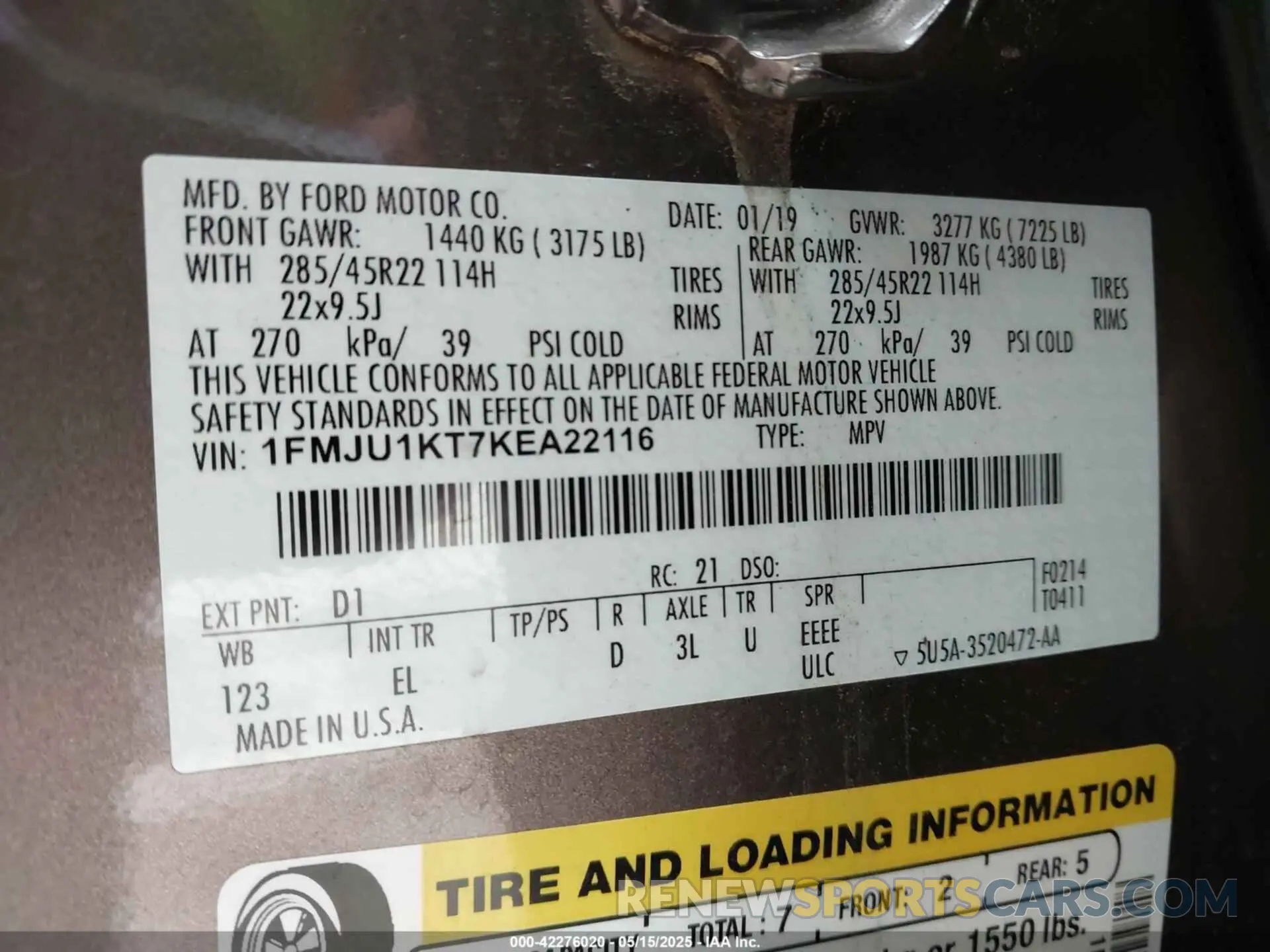 9 Photograph of a damaged car 1FMJU1KT7KEA22116 FORD EXPEDITION 2019