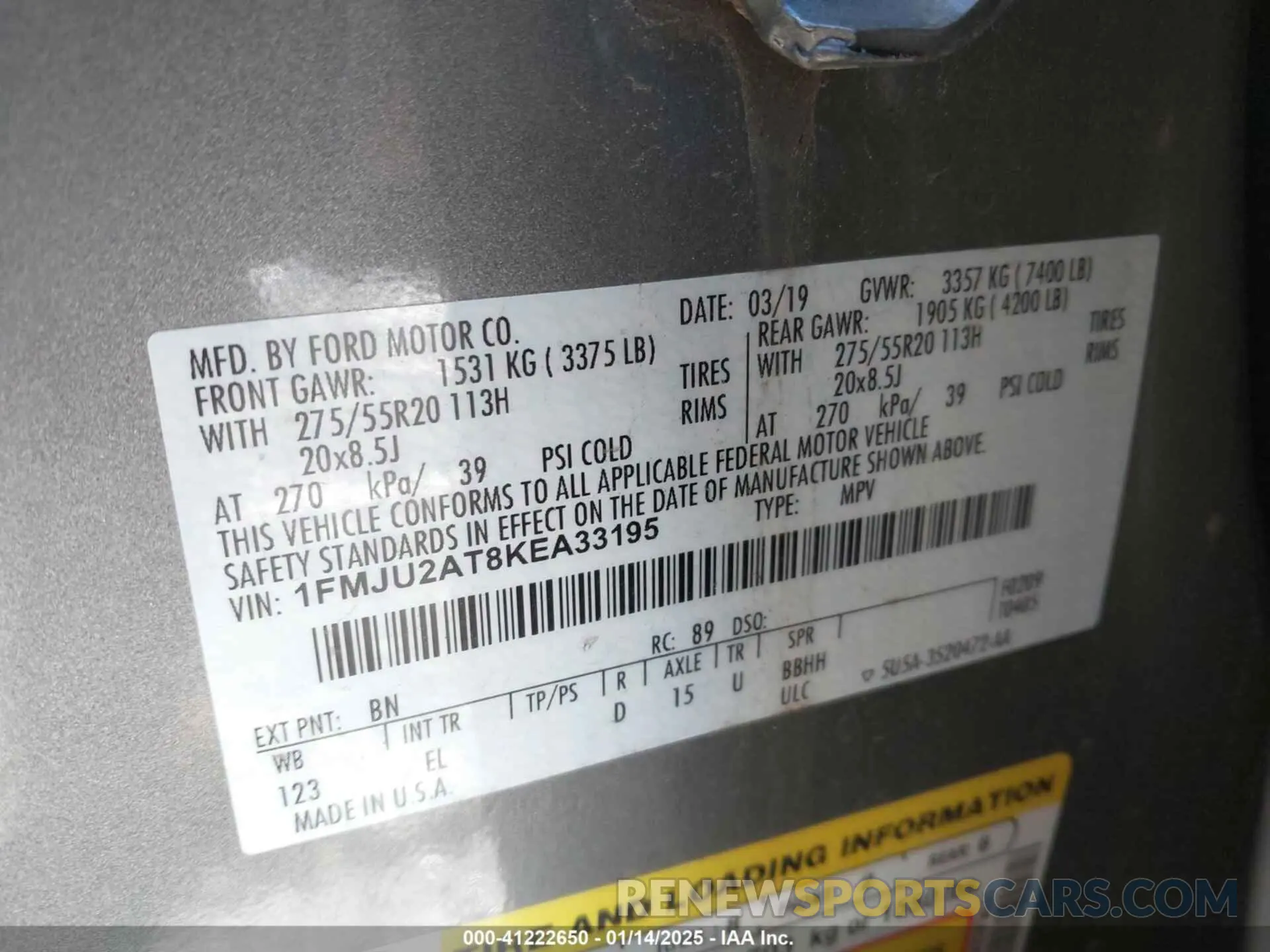 9 Photograph of a damaged car 1FMJU2AT8KEA33195 FORD EXPEDITION 2019