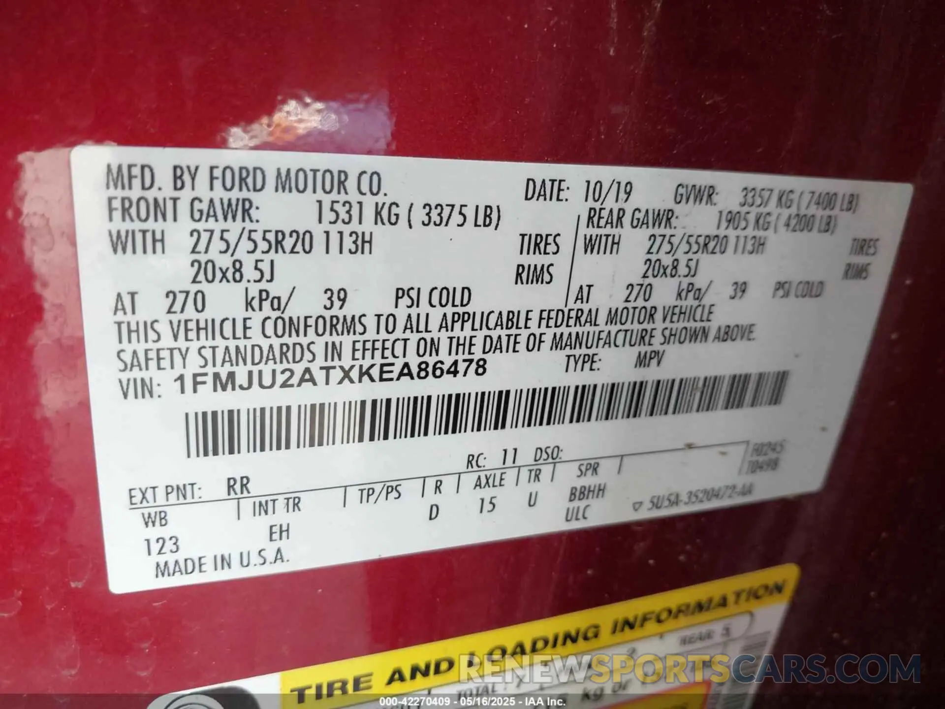 9 Photograph of a damaged car 1FMJU2ATXKEA86478 FORD EXPEDITION 2019