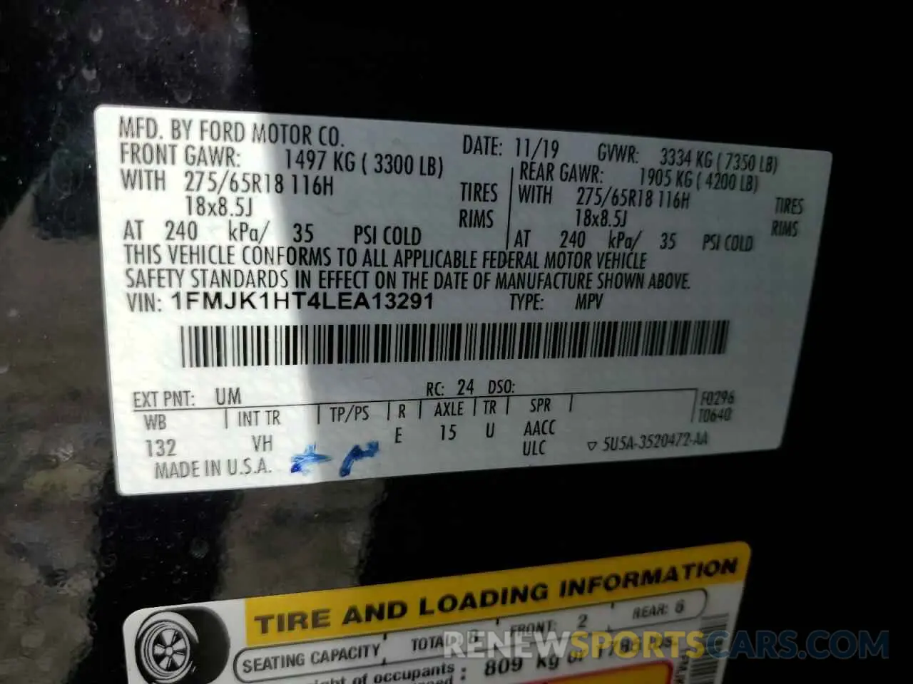 14 Photograph of a damaged car 1FMJK1HT4LEA13291 FORD EXPEDITION 2020