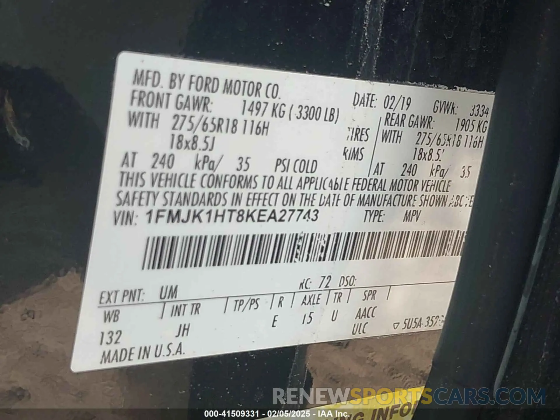 9 Photograph of a damaged car 1FMJK1HT8KEA27743 FORD EXPEDITION MAX 2019