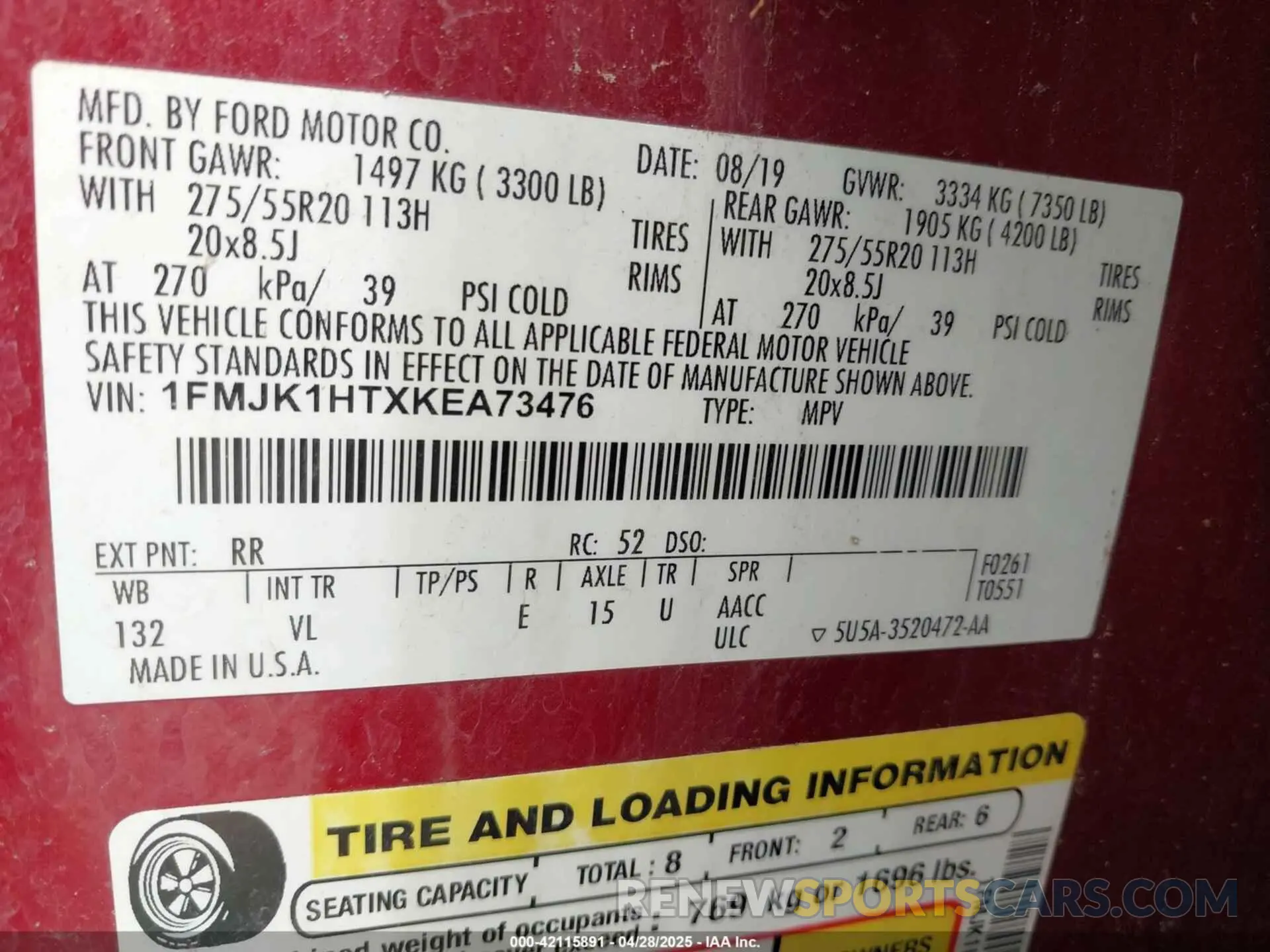 9 Photograph of a damaged car 1FMJK1HTXKEA73476 FORD EXPEDITION MAX 2019
