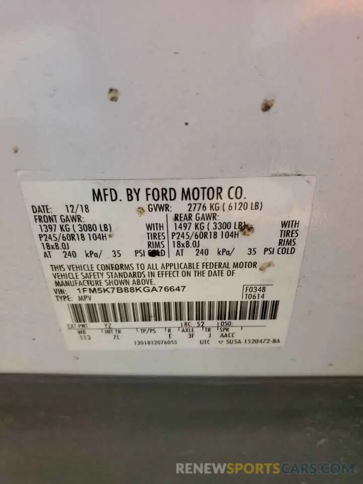14 Photograph of a damaged car 1FM5K7B88KGA76647 FORD EXPLORER 2019