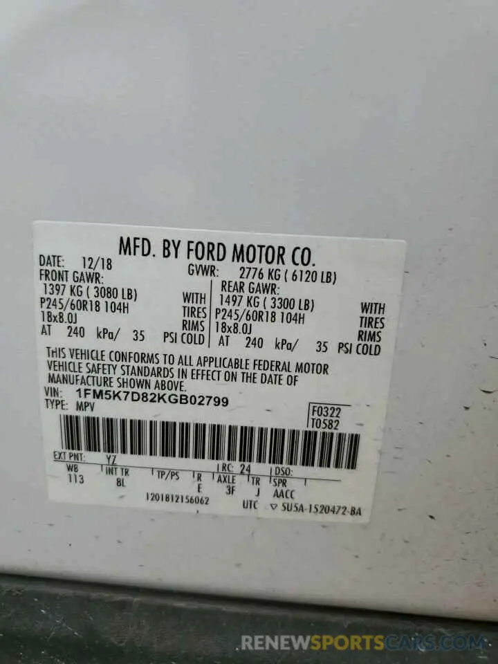 16 Photograph of a damaged car 1FM5K7D82KGB02799 FORD EXPLORER 2019