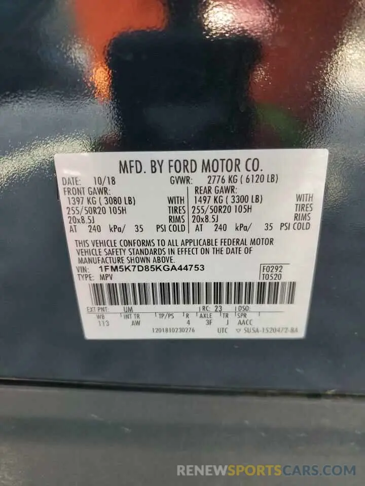 13 Photograph of a damaged car 1FM5K7D85KGA44753 FORD EXPLORER 2019