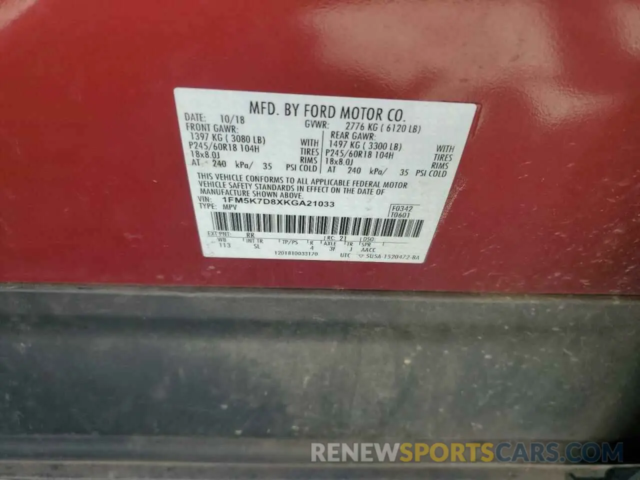 13 Photograph of a damaged car 1FM5K7D8XKGA21033 FORD EXPLORER 2019