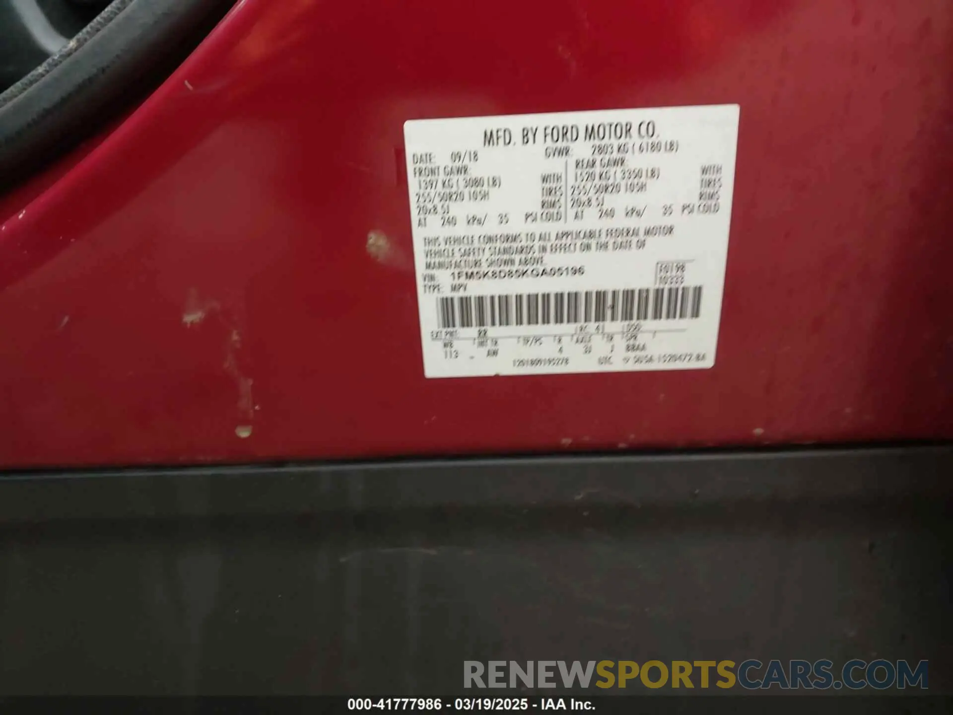 9 Photograph of a damaged car 1FM5K8D85KGA05196 FORD EXPLORER 2019