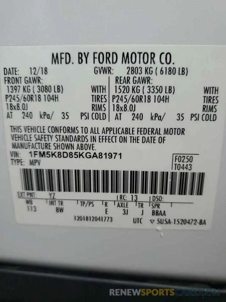 13 Photograph of a damaged car 1FM5K8D85KGA81971 FORD EXPLORER 2019